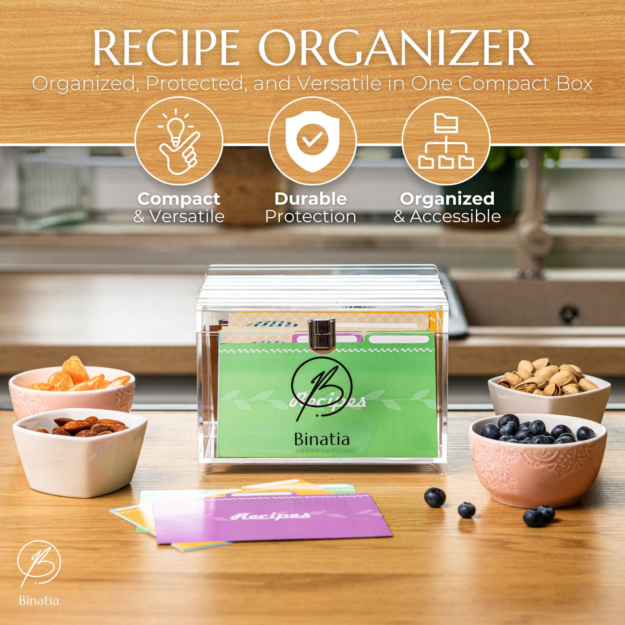 Binatia Recipe Box 50 Double-Sided Cards 4x6 Recipe cardsClear Acrylic Organizer with, Index Card Holder, Dividers, Bonus Recipe Book for Personalizing Your Own Recipes, Dimensions: 7.08\"x5.51\"x5.31\"
