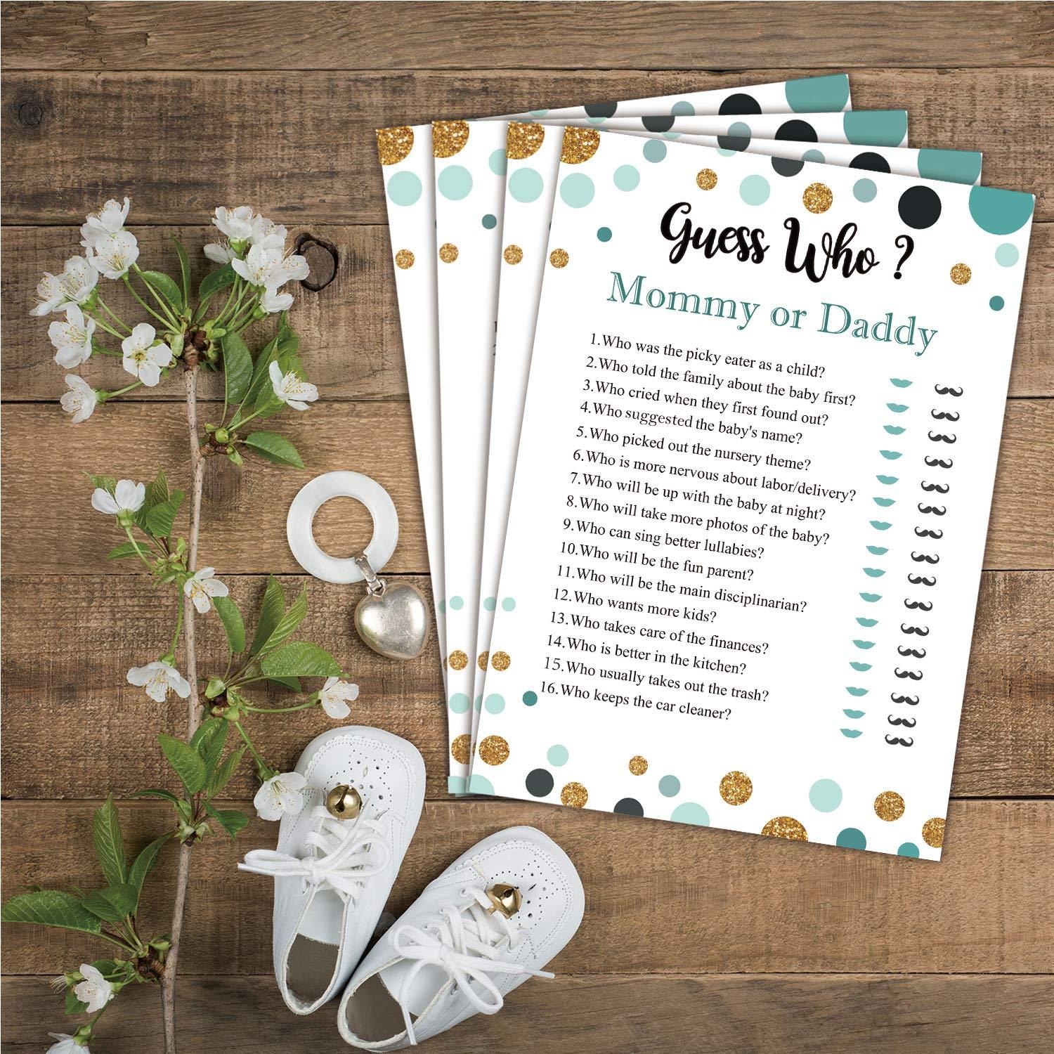 Antgiftshop 25 Guess Who Mommy or Daddy Fun Baby Shower Game Idea For Girl or Boy Cute Gold Gender Neutral Party, Funny Activity Questions at Gender Reveal Bundle, Party Activities Supplies For Kids, Mom, Dad