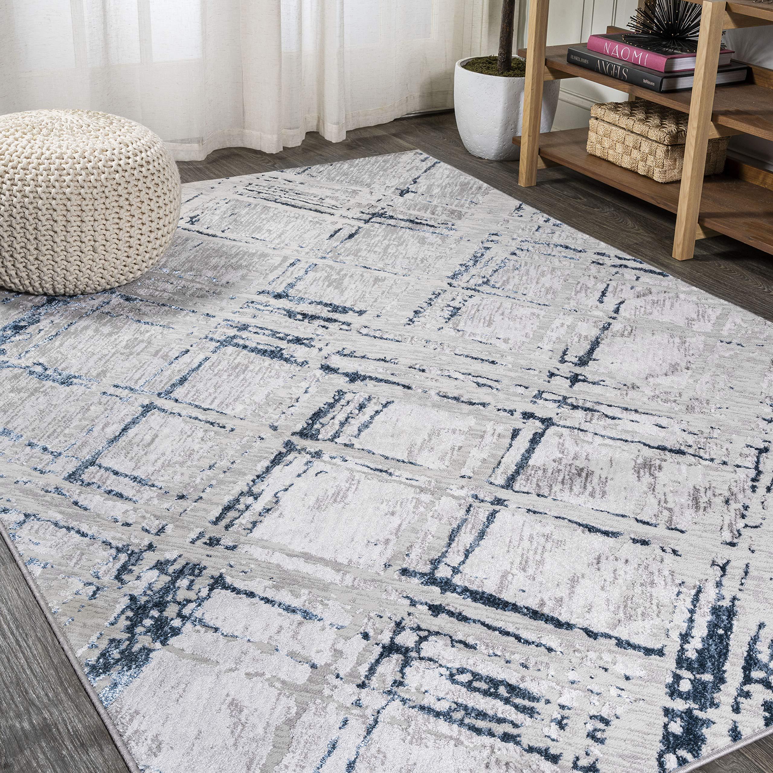 Eyely Eyely ROS201B-3 Silk Orchid Slant Modern Abstract Indoor Area Rug Transitional;Contemporary;Solid & Striped, Bedroom, Kitchen, Living Room, Easy-Cleaning, Non-Shedding, 3 X 5, Gray/Blue