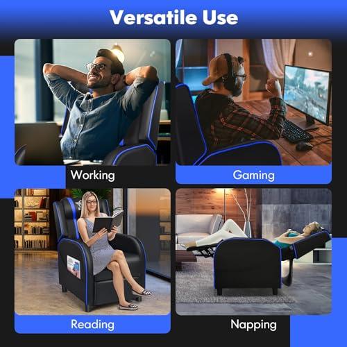 GYMAX GYMAX Gaming Recliner, Massage Gaming Chair w/Adjustable Footrest, Remote Control & Side Pocket, Ergonomic Game Lounge Chair, Racing Style Single Theater Seat Game Sofa for Adults (Blue)