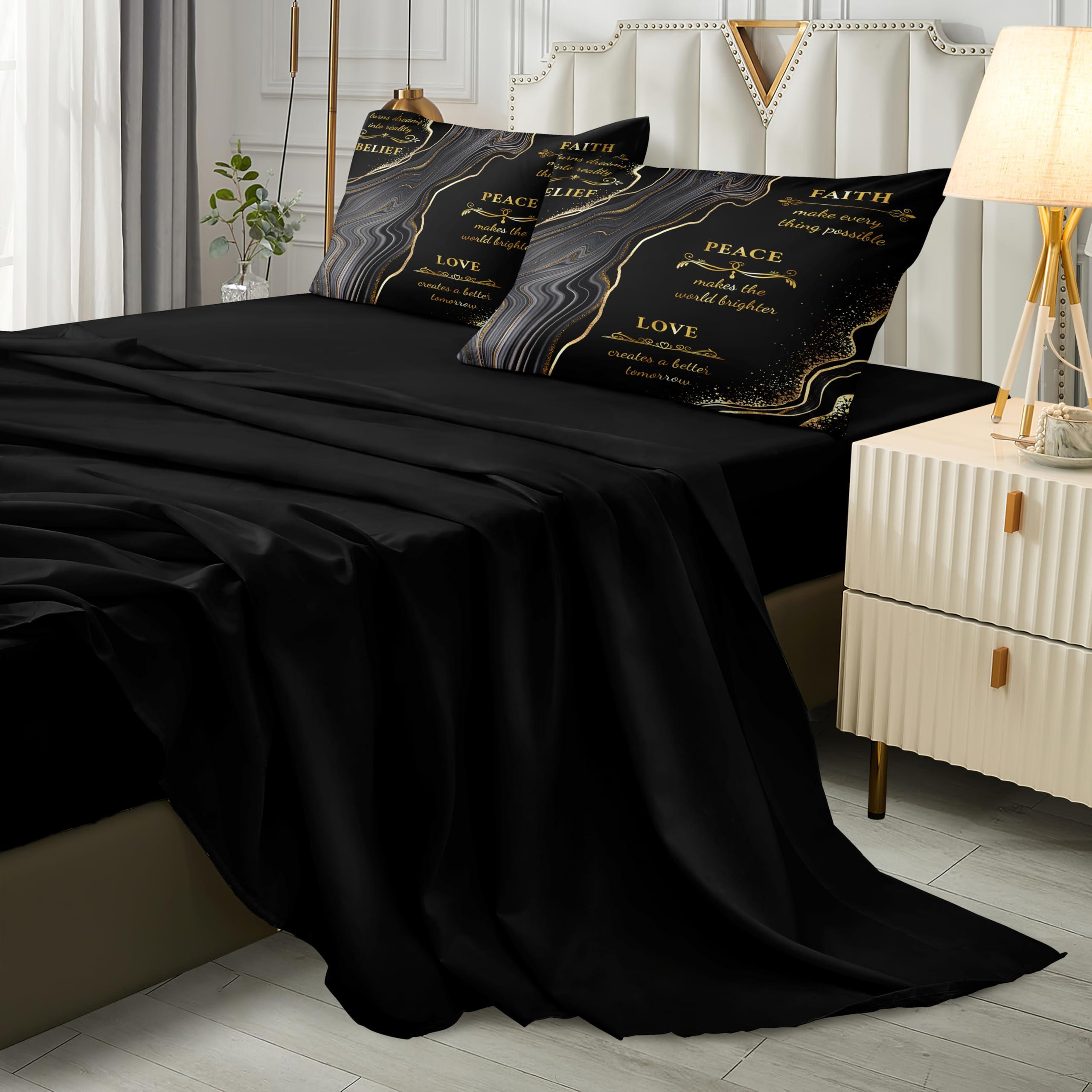 Herside Herside Marble Queen Comforter Set with Sheets,8 Pieces Black and Gold Queen Bed in a Bag Set,Inspirational Positive Energy Words Quilt Set,Modern Marble Texture Luxury Bedding Set for All Seasons