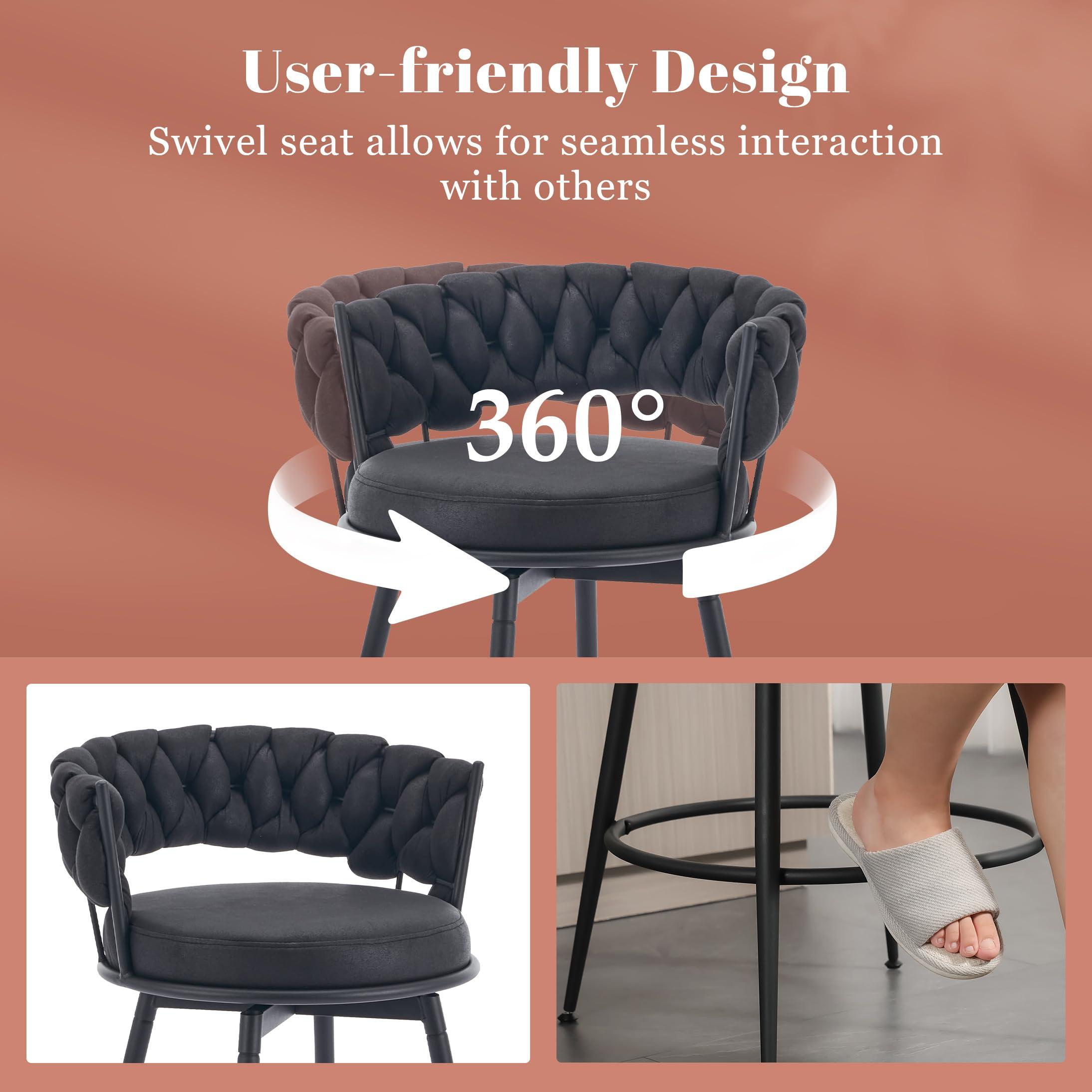 LONXIU LONXIU 360 Swivel Bar Stools Set of 4, 28 inch Counter Height Bar Stools Modern Barstools with Woven Back and Suede Fabric, Metal Frame & Footrest for Kitchen Island, Cafe, Pub, Bar Counter, Black