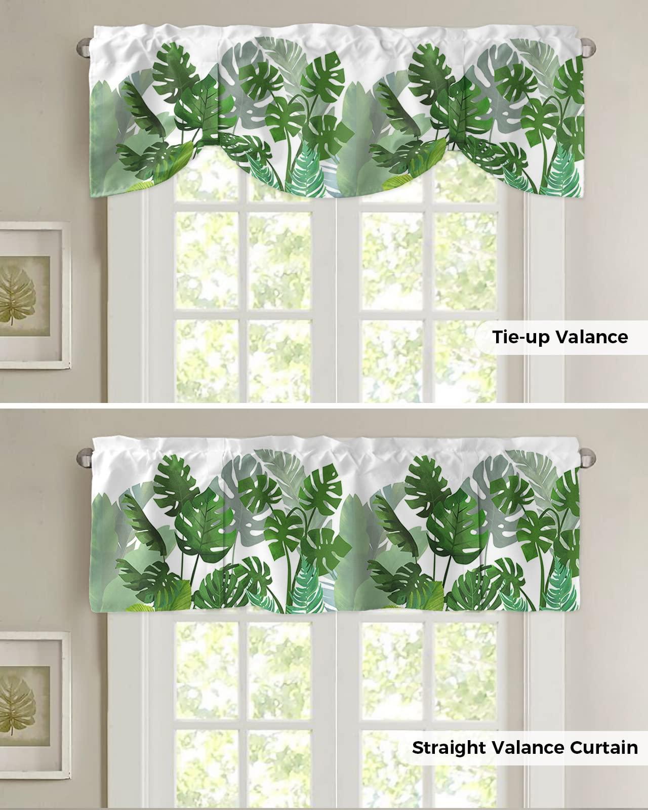 Chees D Zone Tie Up Valance Curtain for Kitchen,Monstera Summer Green Leaf Rod Pocket Short Curtains Adjustable Tie-Up Shade Valances,Tropical Plants Foliage on White Window Treatment for Bathroom 42x18in