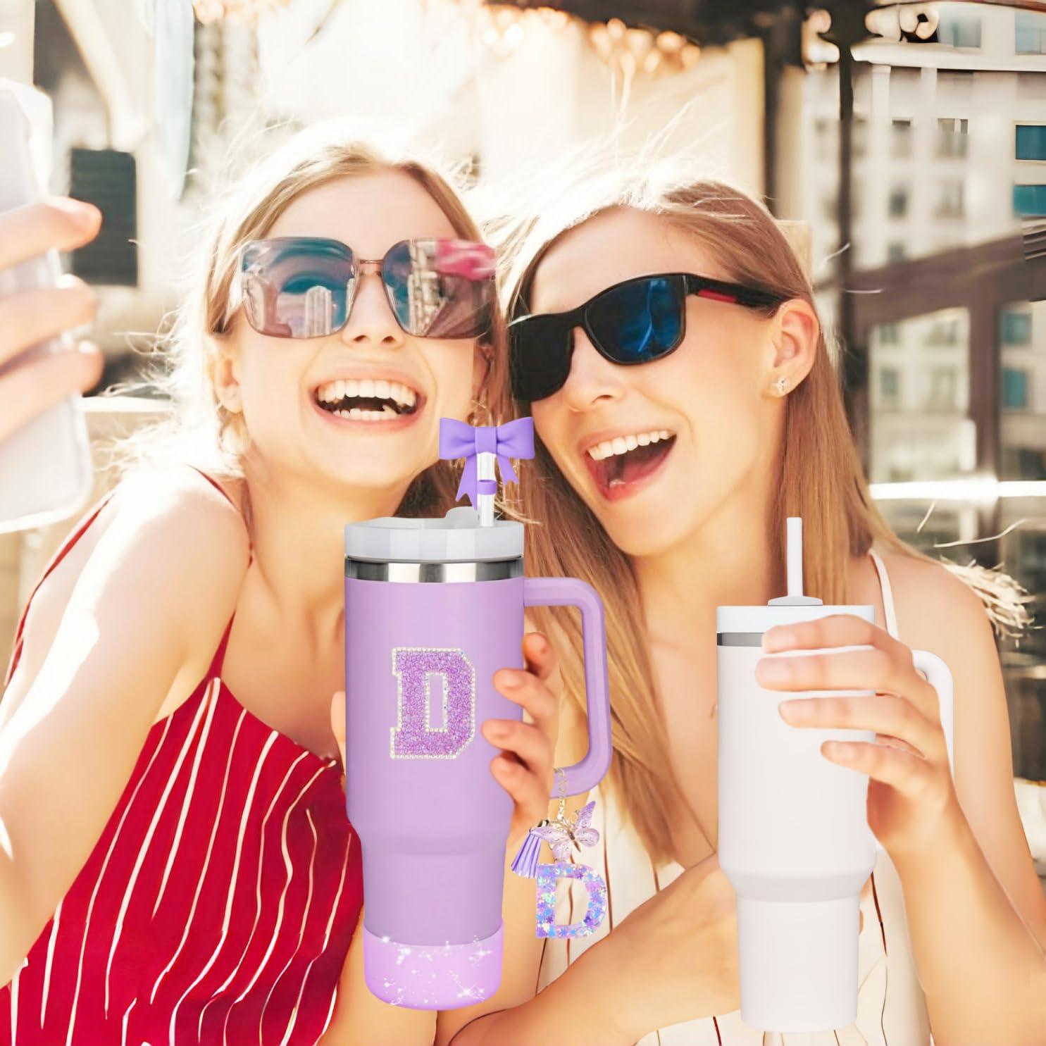 MOTEERLLU MOTEERLLU 6pcs Stanley Cup Accessories Set,Bow Straw Cover for Stanley Cup 30oz 40oz, Including Straw Topper,Spill Proof Stopper,Sparkly Silicone Boot Set,Handle Charm,Initials Sticker (D)