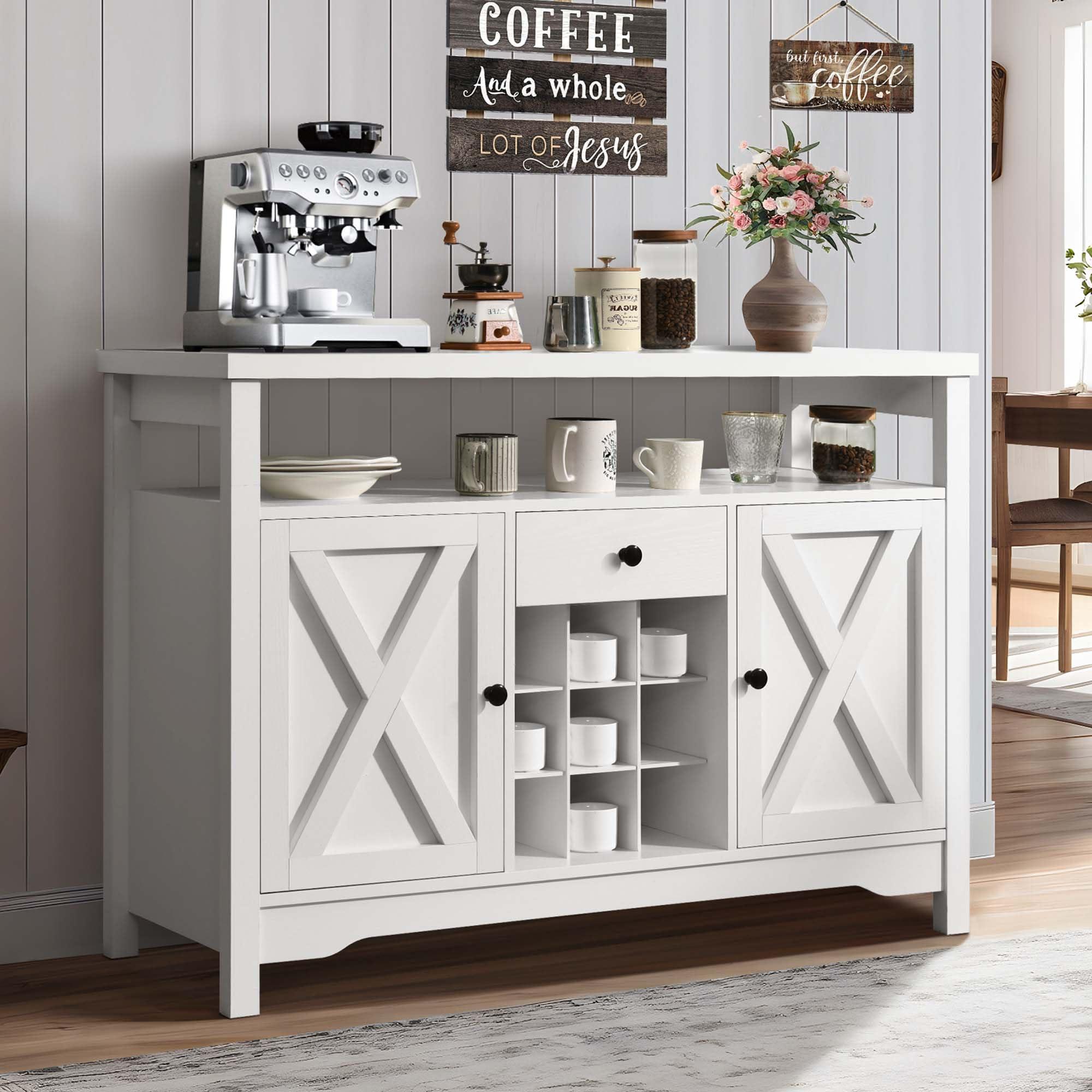 Catrimown Coffee Bar Cabinet with Storage, 47 White Coffee Station Cabinet, Farmhouse Coffee Bar Buffet Cabinet with Drawer, 9 Wine Racks, Barn Doors for Kitchen, Living Room