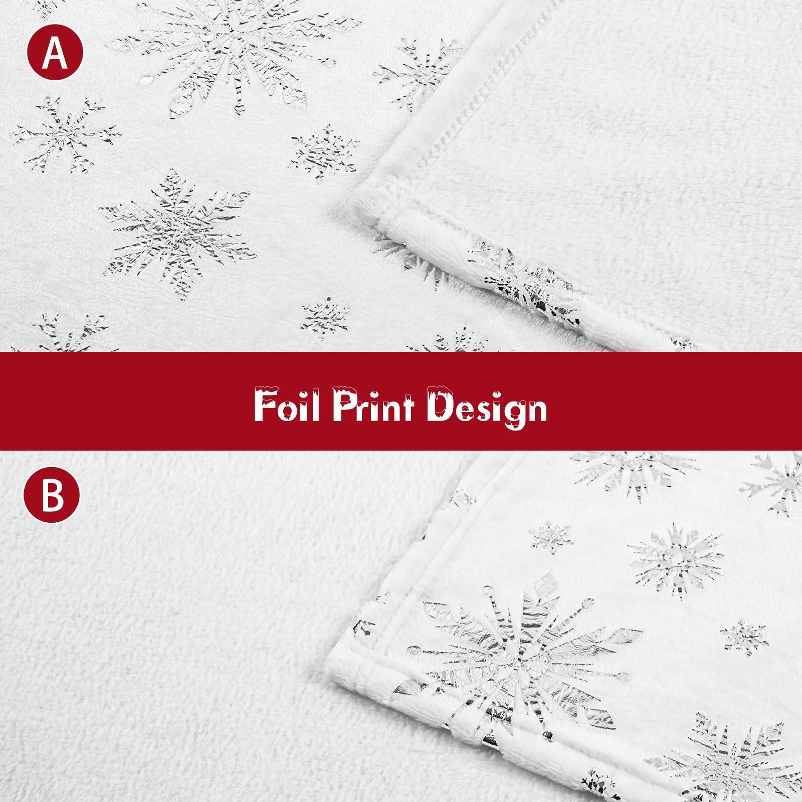 FRAMICS Merry Christmas Throw Blanket, Silver Snowflake Foil Print Throw Blankets, White Winter Fluffy Fleece Blanket for Couch Warm Bed Napping Flannel Blanket for Sofa Bedroom Gift Xmas Decor, 50\" x 60\"