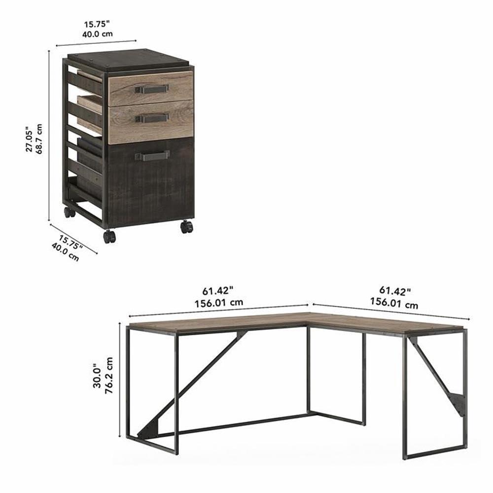 Bush Business Furniture Bush Furniture Refinery L Shaped Industrial Desk with 3 Drawer Mobile File Cabinet, 62W, Rustic Gray