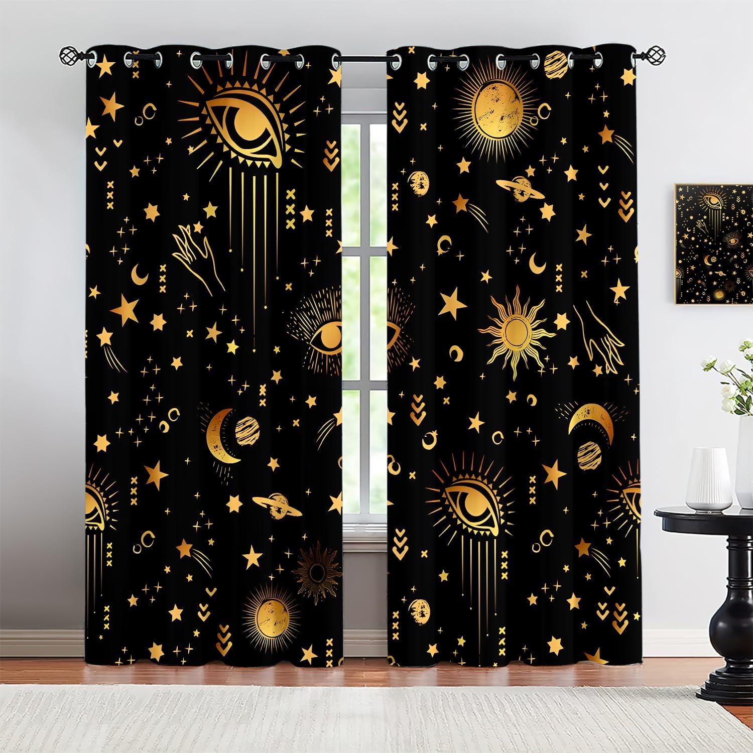 PFFM Black Gold Celestial Curtains Blackout, Moon Phase Celestial Sun Stars Goth Mystic Art Grommet Curtains, Light Reducing Thermal Insulated Window Curtains for Bedroom-21 W X 45" L X 2 Panels