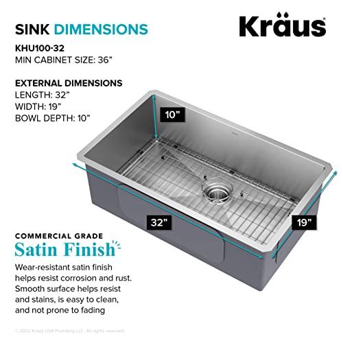 Kraus Kraus KHU100-32 Standart PRO 16 Gauge Undermount Single Bowl Stainless Steel Kitchen Sink, 32 Inch
