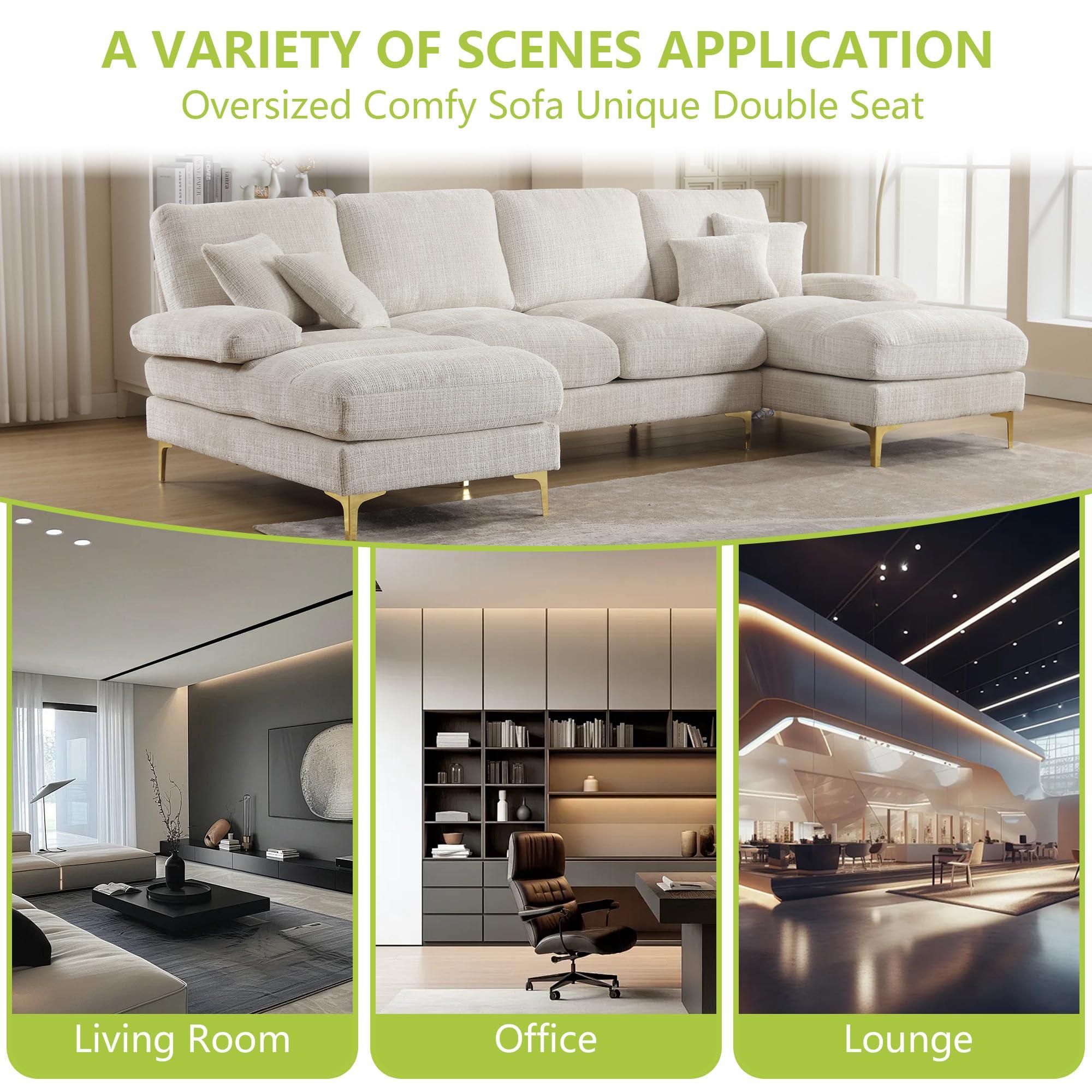 STLVUEO STLVUEO U-Shape Modular Sectional Sofa Chenille Fabric, 4-Seater Living Room Couch with Double Extra-Wide Chaise Lounge, Reversible Sleeper Sofa with Throw Pillows - 114.17" for Living Room, Beige