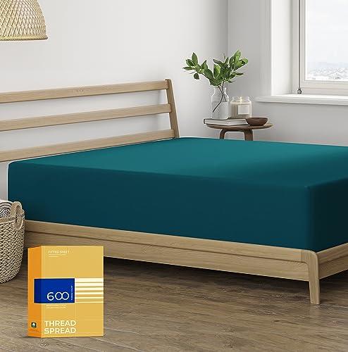 THREAD SPREAD THREAD SPREAD 100% Egyptian Cotton Fitted Sheet Twin Size - 600 Thread Count 16\" Deep Pocket Twin Fitted Sheet Only, Soft Cooling Sateen Elastic Bottom Sheet, Fits College Dorm Mattress, Teens - Teal