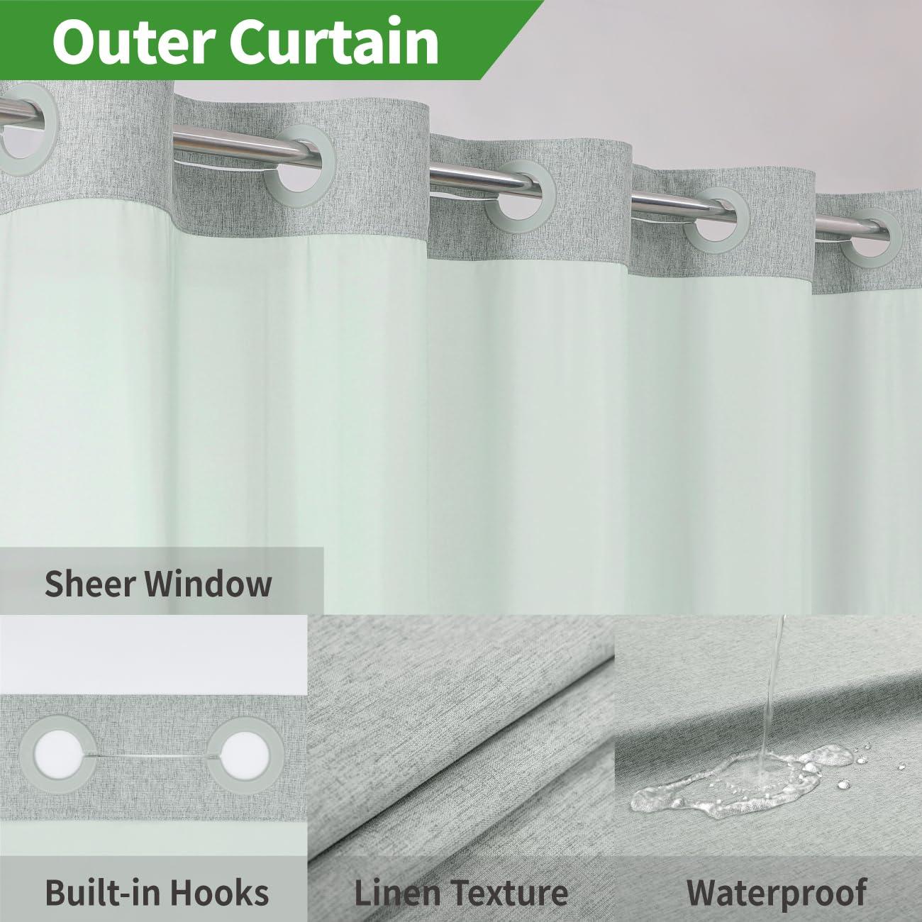 eachope eachope Extra Long No Hooks Needed Linen Textured Shower Curtain with Snap-in Fabric Liner Set,Sage Green Hotel Luxury Decor Shower Curtains for Bathroom,Waterproof & Washable,71Wx86H