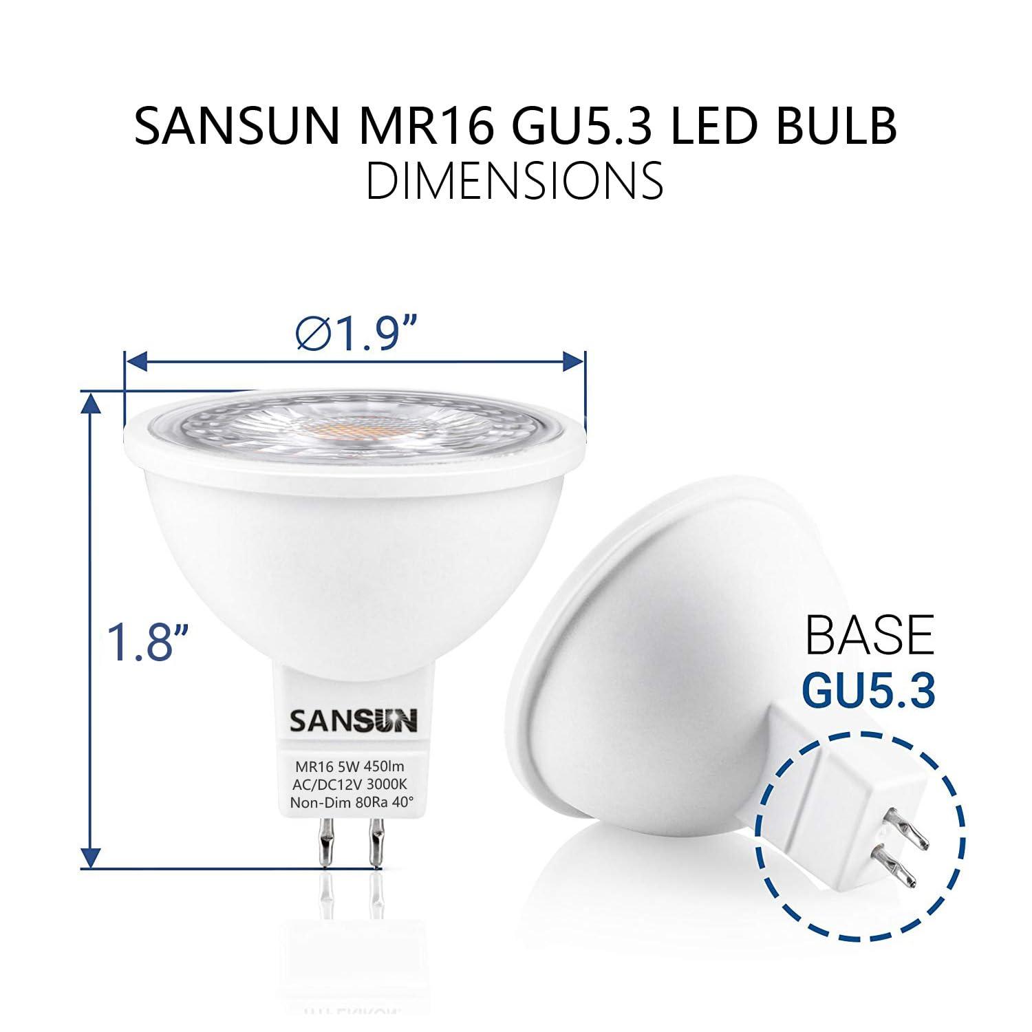 SANSUN SANSUN 5W MR16 LED Landscape Light Bulbs, Low Voltage 12V Outdoor Landscape Spotlight and Indoor Track Light, GU5.3 Bi-Pin Base, Soft White 3000K, Non-Dimmable, (Pack of 4)
