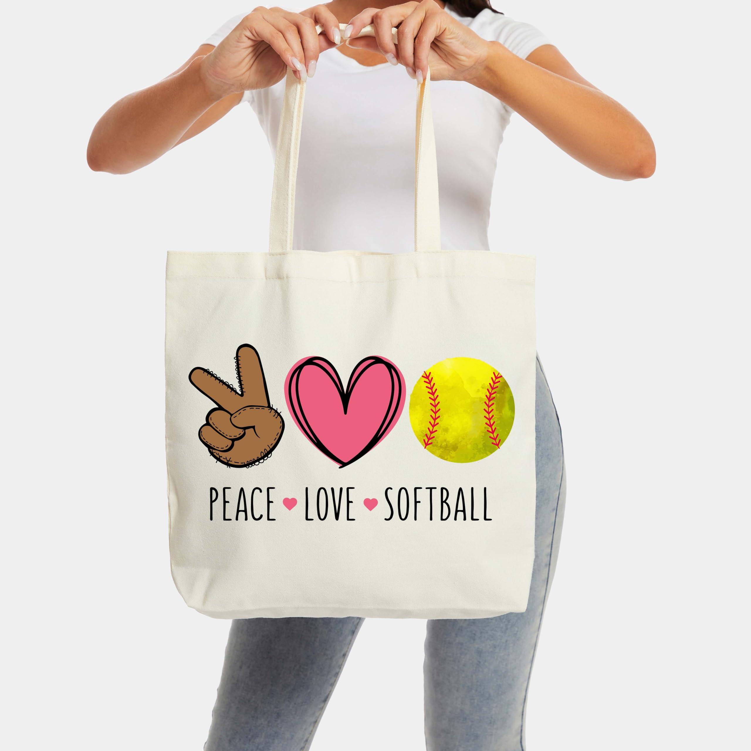 seclate seclate Softball Tote Bag, Peace Love Softball Bags for Women, Reusable Cloth Cotton Bags for Travel Shopping Beach, Sports Lover Birthday Gifts - J01