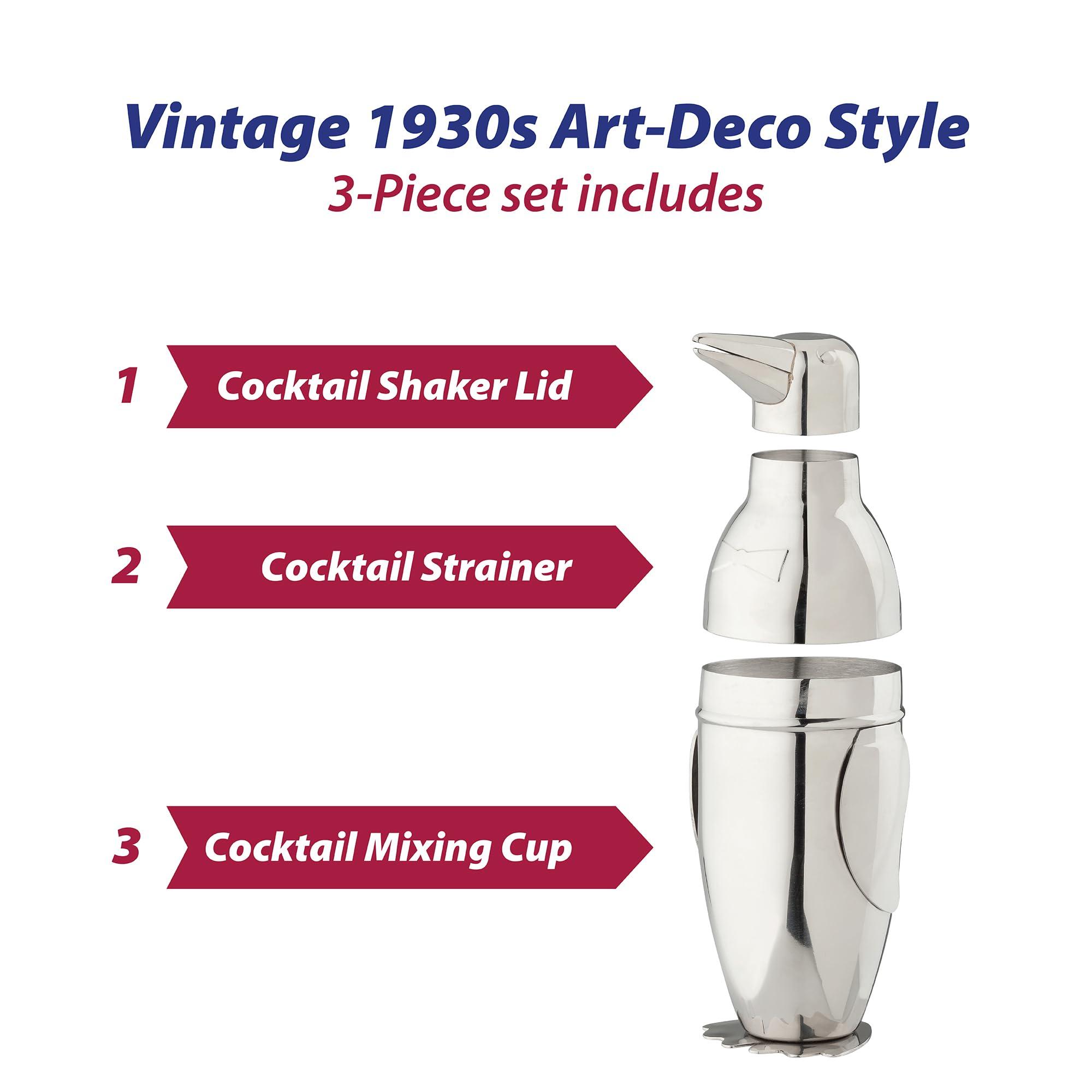 HIC Kitchen HIC Bar Penguin Cocktail Shaker, 18/8 Stainless Steel, Mirror Finish, 3-Piece Set, Holds 18-Ounces