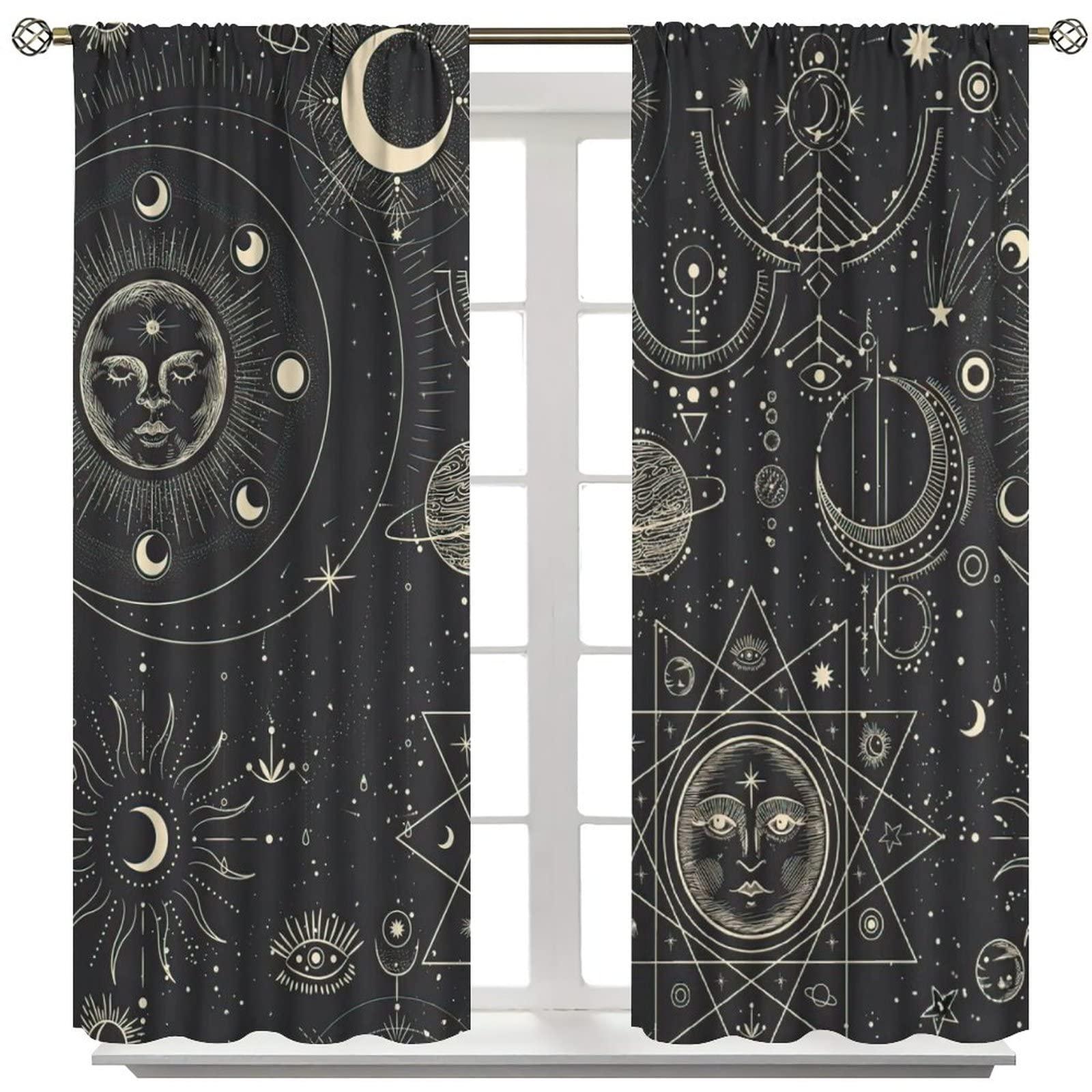 gaoyaqing Sun and Moon Star Curtains, Bohemian Chic Art Gold Sun Moon and Stars in Black Sky Antique Style 2 Panel Bedroom Blackout Curtains Decorate The Room 84x84in