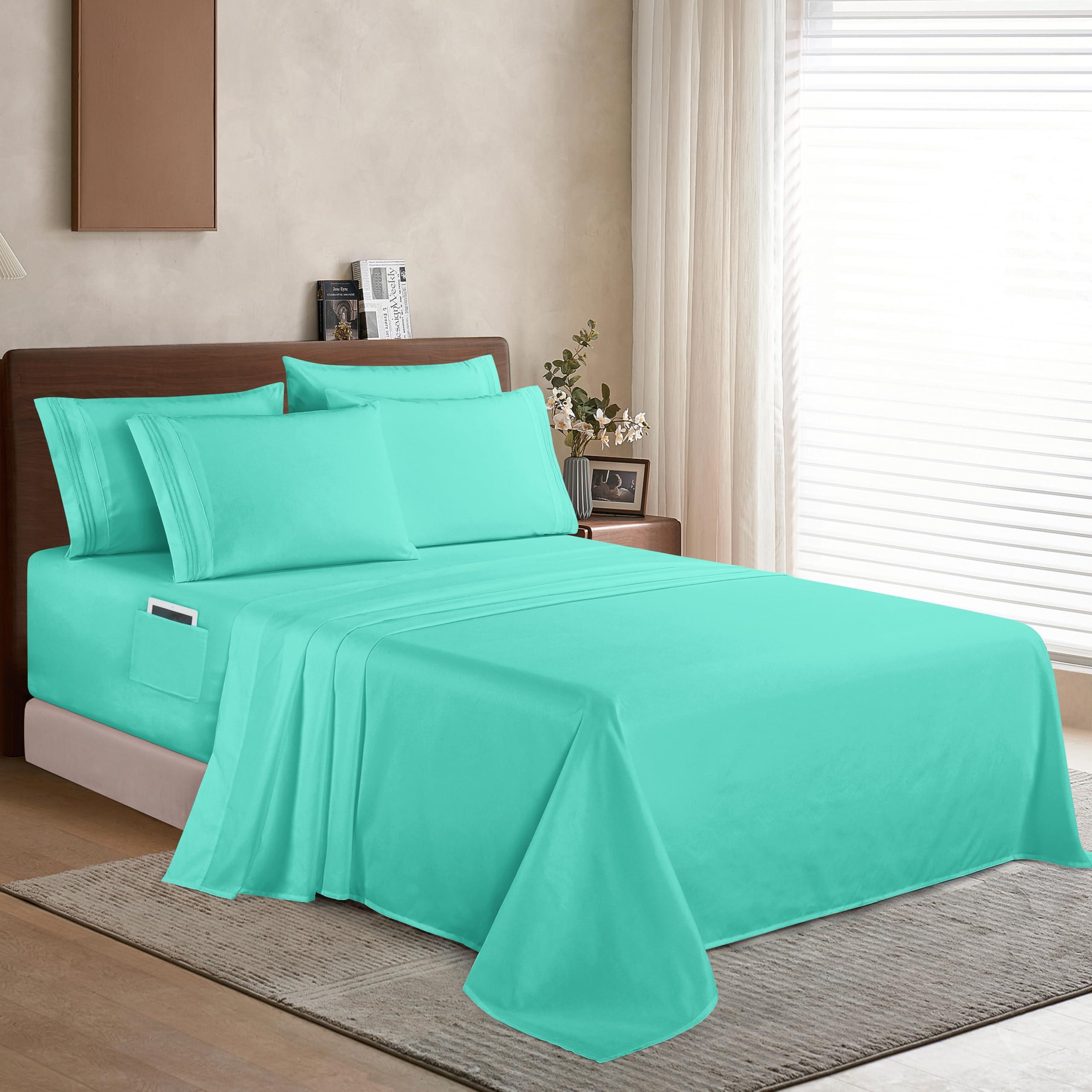 Elegant Comfort Elegant Comfort 1500 Premium Quality 6-Piece Bed Sheet Set - 18-24 Inch Extra Deep Pocket, Smart Storage Pockets, Wrinkle Free Ultra Soft 6PC Extra Deep Pocket Sheets, Full, Paradise Teal