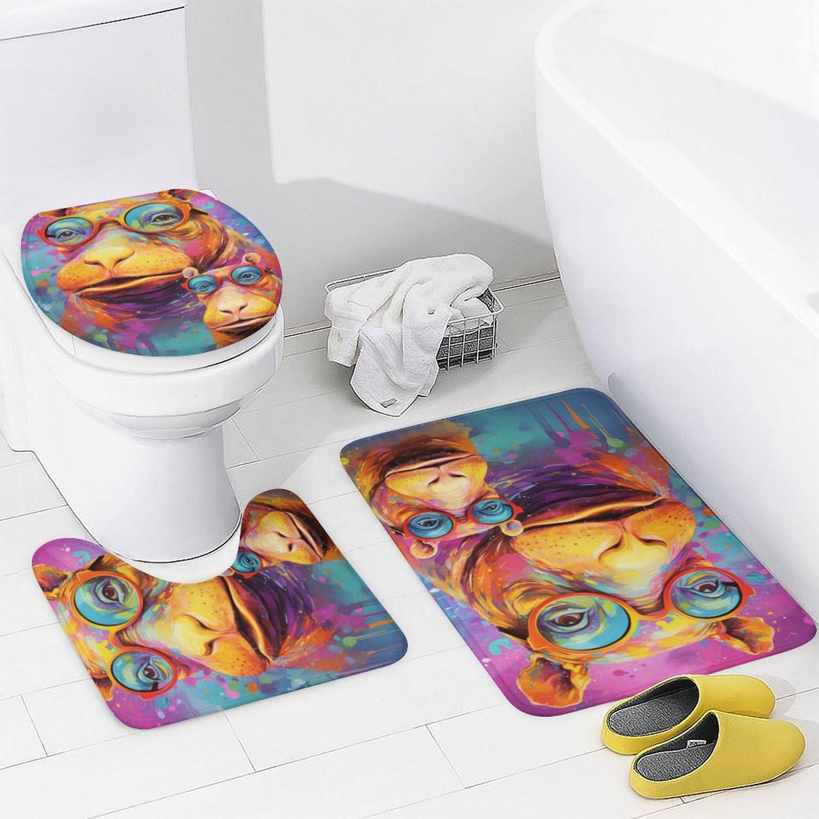 Dunmat Dunmat 4 Pieces Colorful Hippo Shower Curtain Set Graffiti Style Glasses Animal Bathroom Decor Sets with Rugs Bathroom Accessories Set Bathroom Curtain Shower Set with 12 Hooks