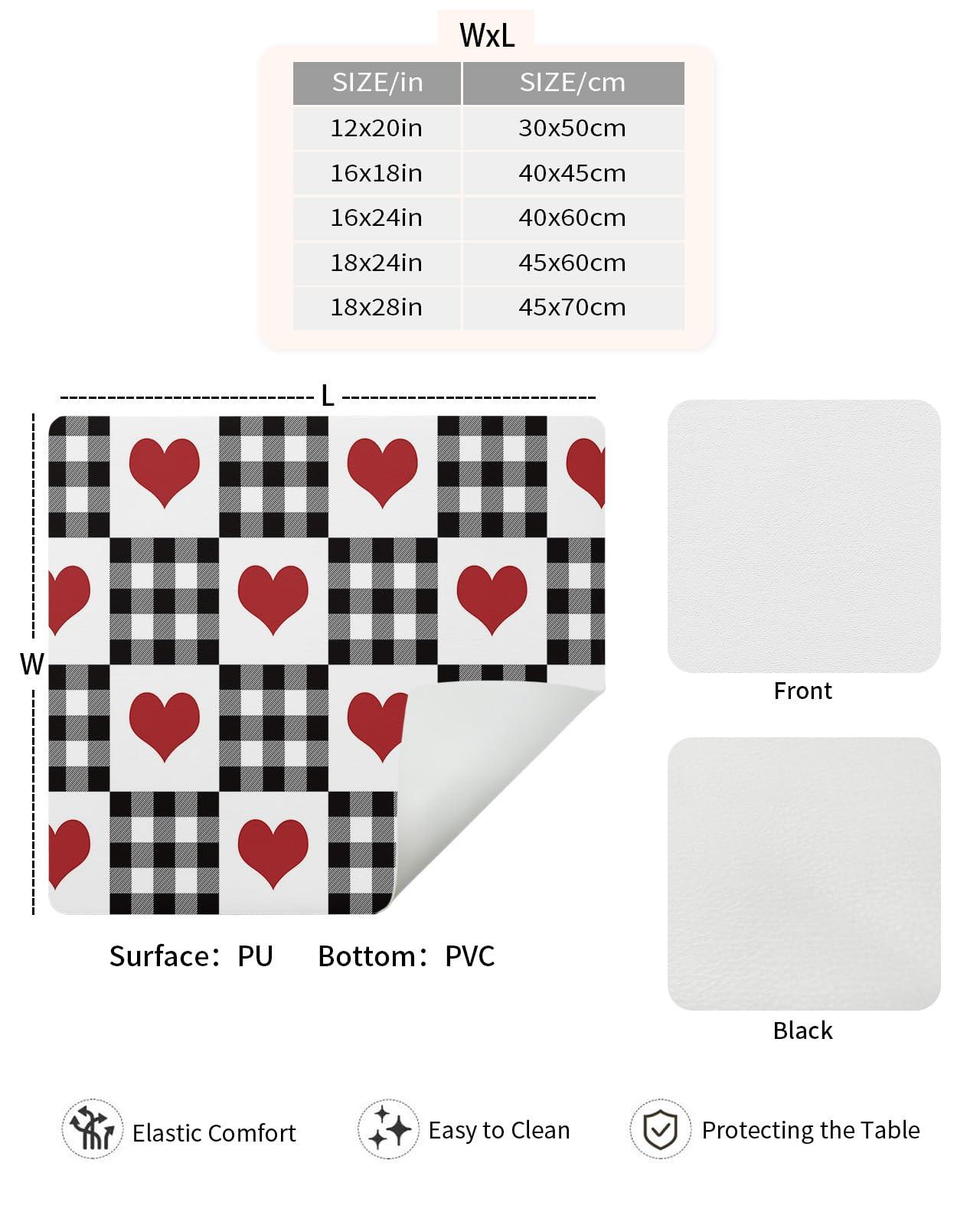 LaBLUUX Coffee Mat for Counter,Valentine\'s Day Red Heart Buffalo Plaid Black White Absorbent Hide Stain Coffee Bar Mat,Non-slip Coffee Bar Accessories Kitchen Drying Mat Fit Under Coffee Maker