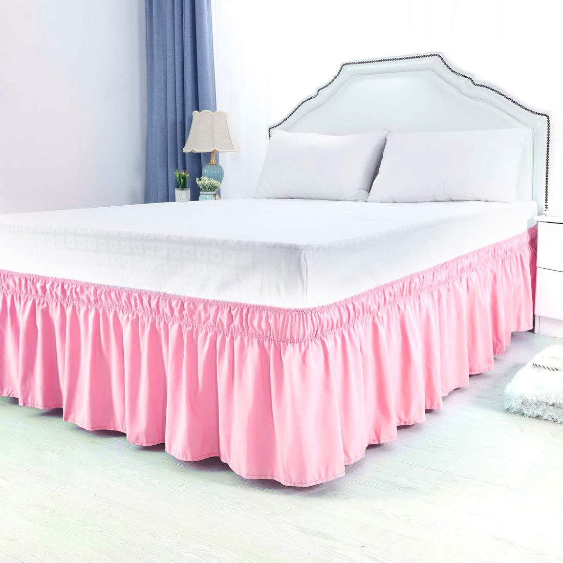 Versatile Bedding Bed Skirt - Wrap Around Bed Skirts Elastic Dust Ruffles, Easy Fit Wrinkle and Fade Resistant Luxurious Fabric Solid Color, Pink Queen XL Size Beds 15 Inch Drop