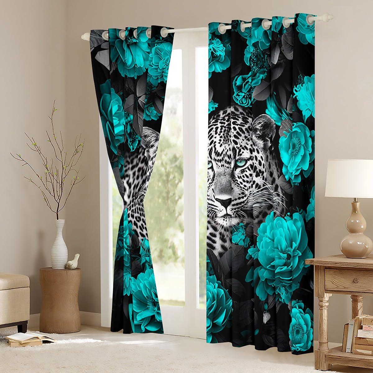Erosebridal 3D Cheetah Curtains Teal Rose Leopard Print Curtains & Drapes,Botanical Floral Blackout Curtains African Safari Animals Window Curtains Big Cat Wildlife Fur Hair Skin Wild Animal Room Decor 84"X84"