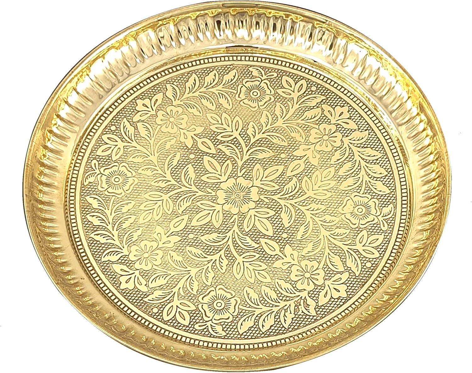 KASHVIYA KASHVIYA 10 Inch Pure Brass Pooja Thali Set Pital Puja Plate Arti Thali Traditional Handcrafted for Pooja Home Office Mandir Gift Items Gold
