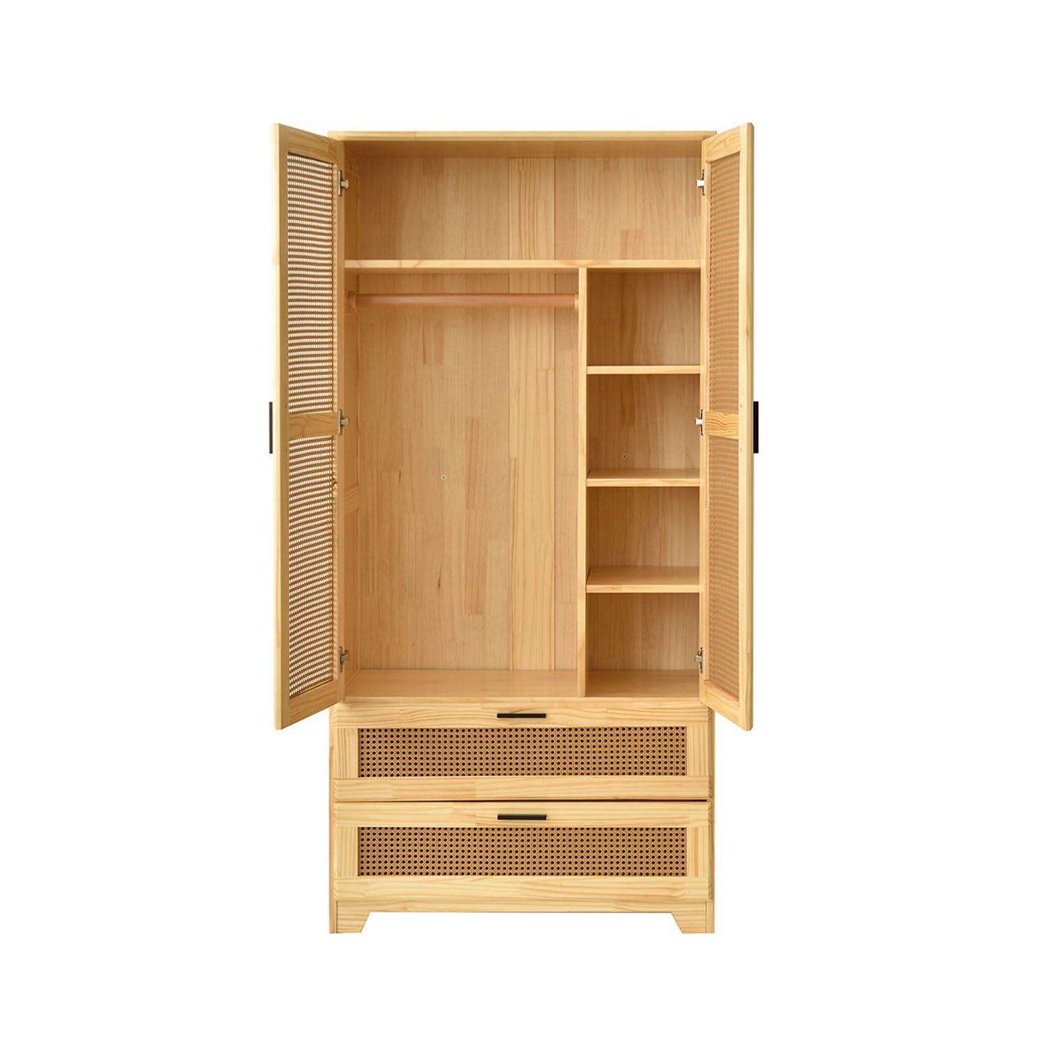 Woodpeckers Furniture And Mattress Pine Wood Closet with Rattan Doors and Two Drawers (Natural)
