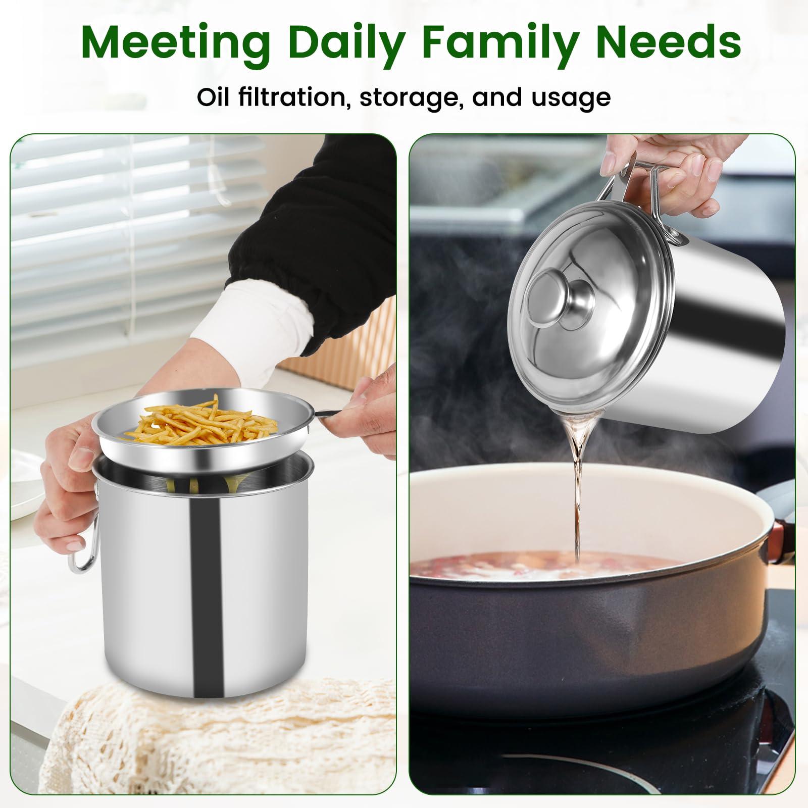 kjcbkcb Oil Strainer Pot, 1.8L Stainless Steel Oil Storage Can with Strainer and Dust-Proof Lid, Bacon Grease Saver Container, Wide Mouth Oil Filter Pot for Storing Frying Oil and Cooking Grease