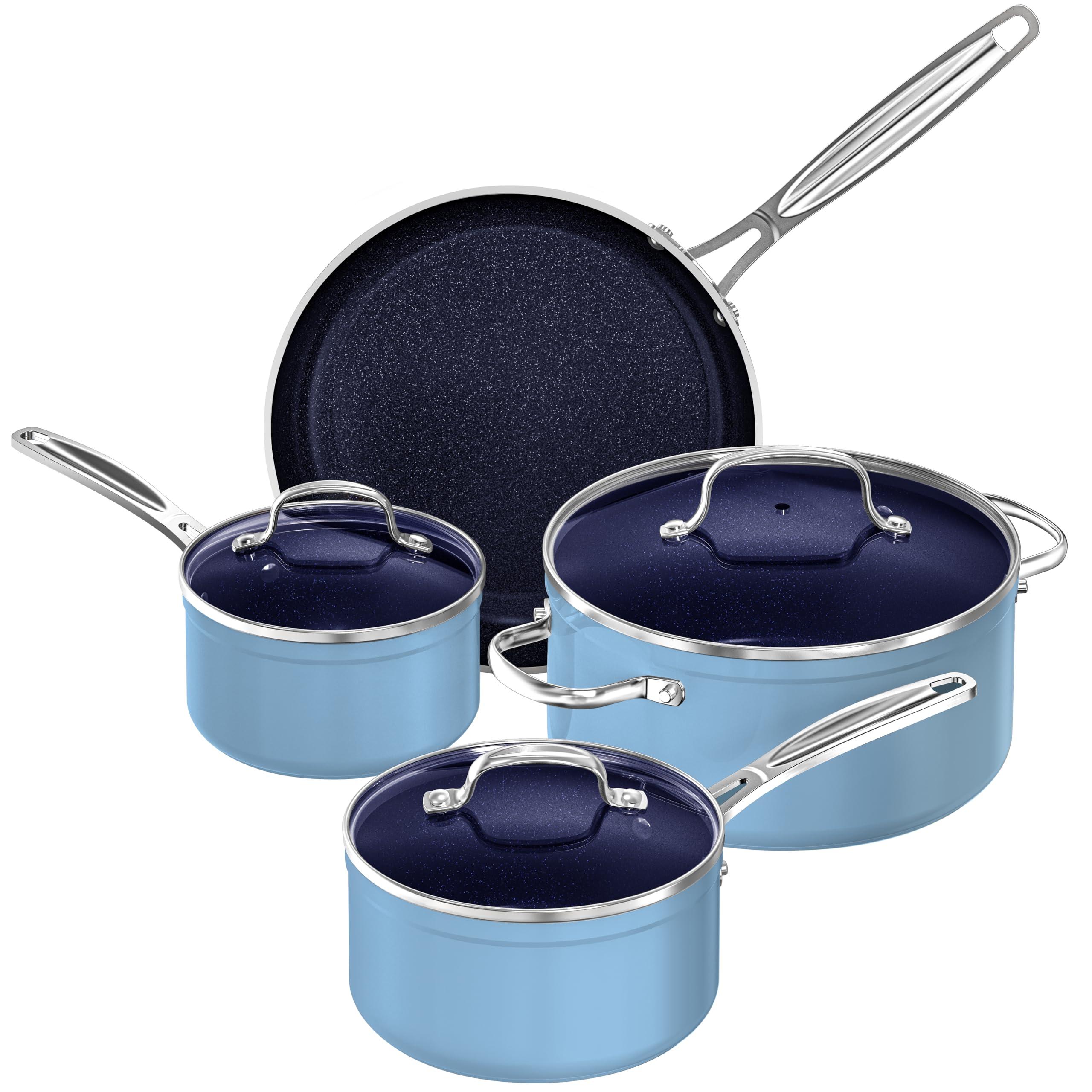 Nuwave Nuwave 7pc Cookware Set Healthy Duralon Blue Ceramic Nonstick Coated, Diamond Infused Scratch-Resistant, PFAS Free, Oven Safe, Induction Ready & Evenly Heats, Tempered Glass Lids & Stay-Cool Handle