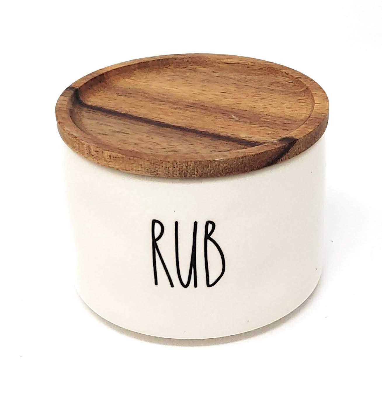 Magenta Collection Rae Dunn by Magenta, unique with perfect imperfections. SPICE, BBQ, RUB- Stacked ceramic canister set, beige, black LL, 10in x 4.25in x 4.25in