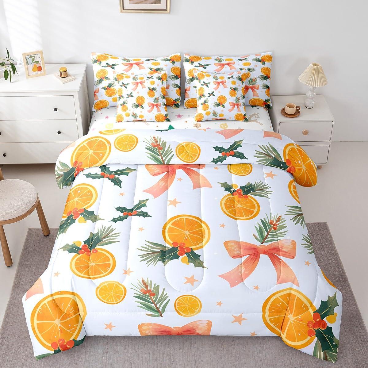 Feelyou Feelyou Merry Christmas Comforter Set with Sheets Christmas Bow Orange Flower Bed in a Bag for Kids Boys Girls Bedroom Bed Decor Xmas Christmas 7 Piece Bedding Set Queen Size Soft Bed Set