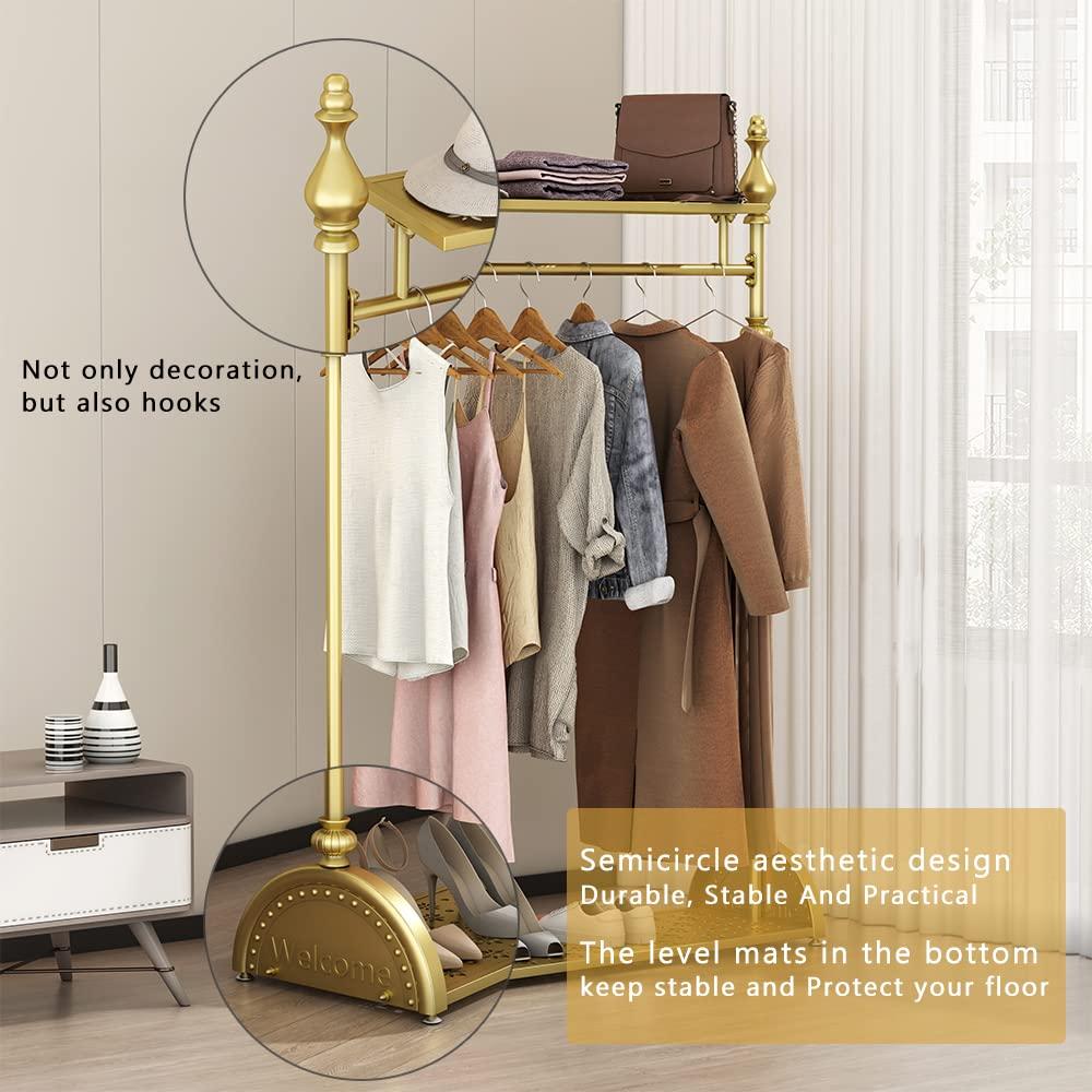 MAIKAILUN Clothing Rack Gold, Industrial Clothes Rack for hanging Clothes with Double Shelves Freestanding Multi-functional Heavy Duty Garment Rack, Metal Movable Portable Coat Rack for Organizing Clothes Shoes