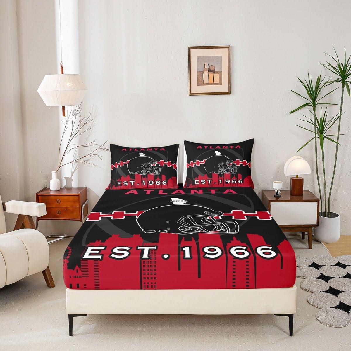 Erosebridal Erosebridal Football Fitted Sheet Twin Size for Football Fan,American Football Bed Sheets for Kids Boys Girls,Football Players Bed Set,Rugby Bedding Set with 1 Pillowcase(Atlanta),Black Red