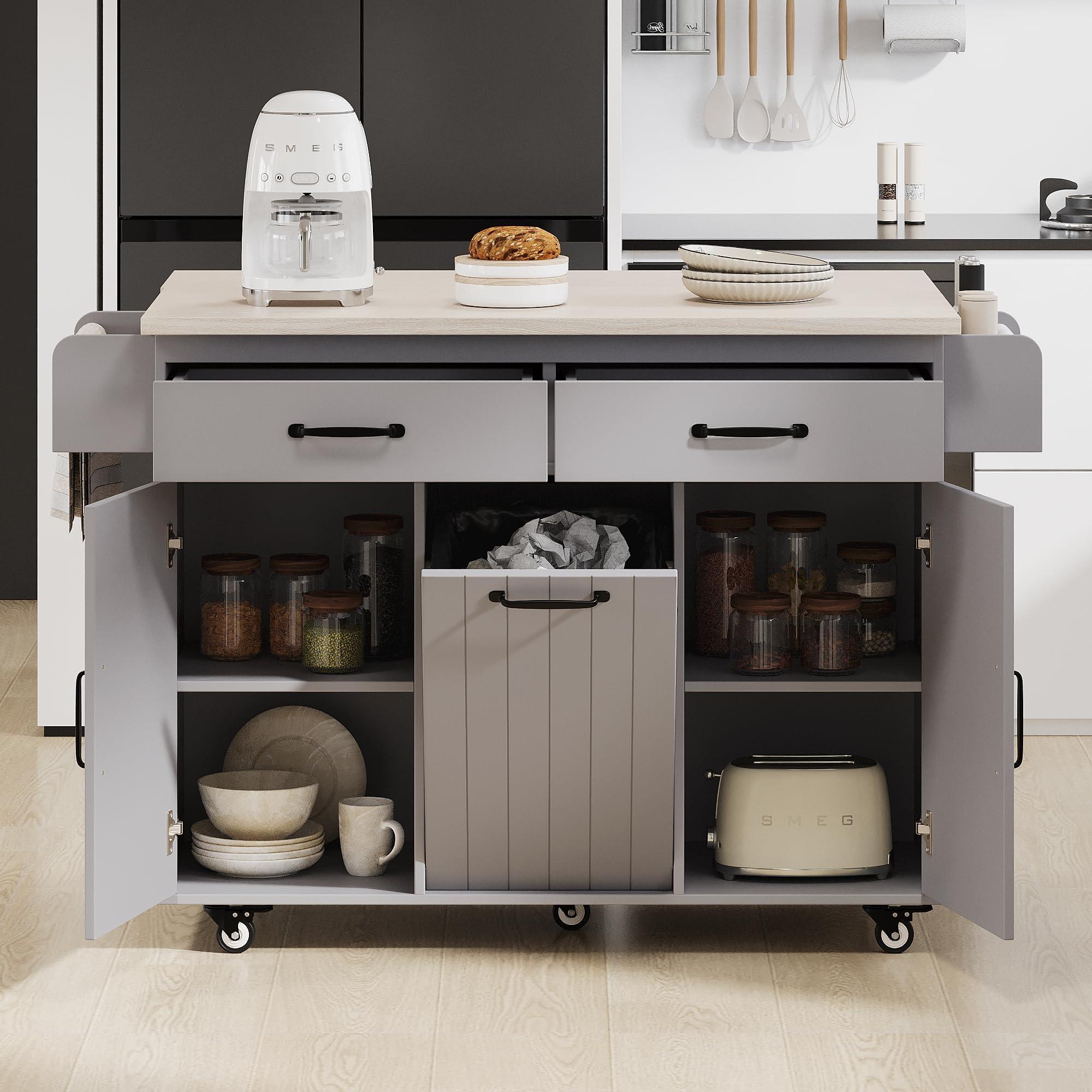 VilroCaz VilroCaz Wood Kitchen Island with Trash Can Storage Cabinet, Kitchen Cart with Drop Leaf, Spice Rack, Towel Rack and Drawer, Rolling Kitchen Island on Wheels with Adjustable Shelf (Grey-K6)