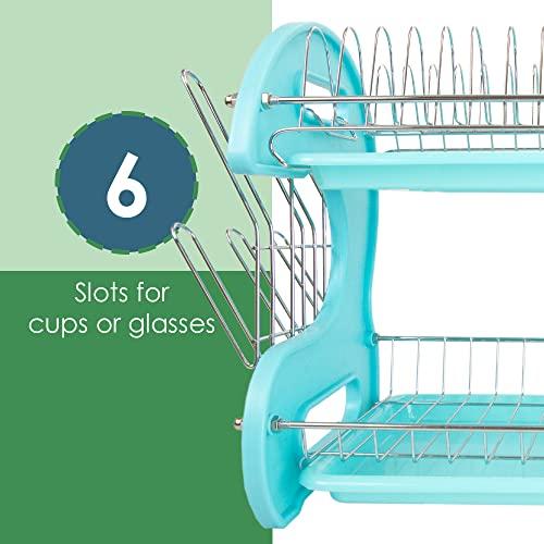 Home Basics Home Basics 2 Tier Dish Drainer (Turquoise) Dish Rack for Kitchen Counter, with Cutlery Holder and Cup Slots