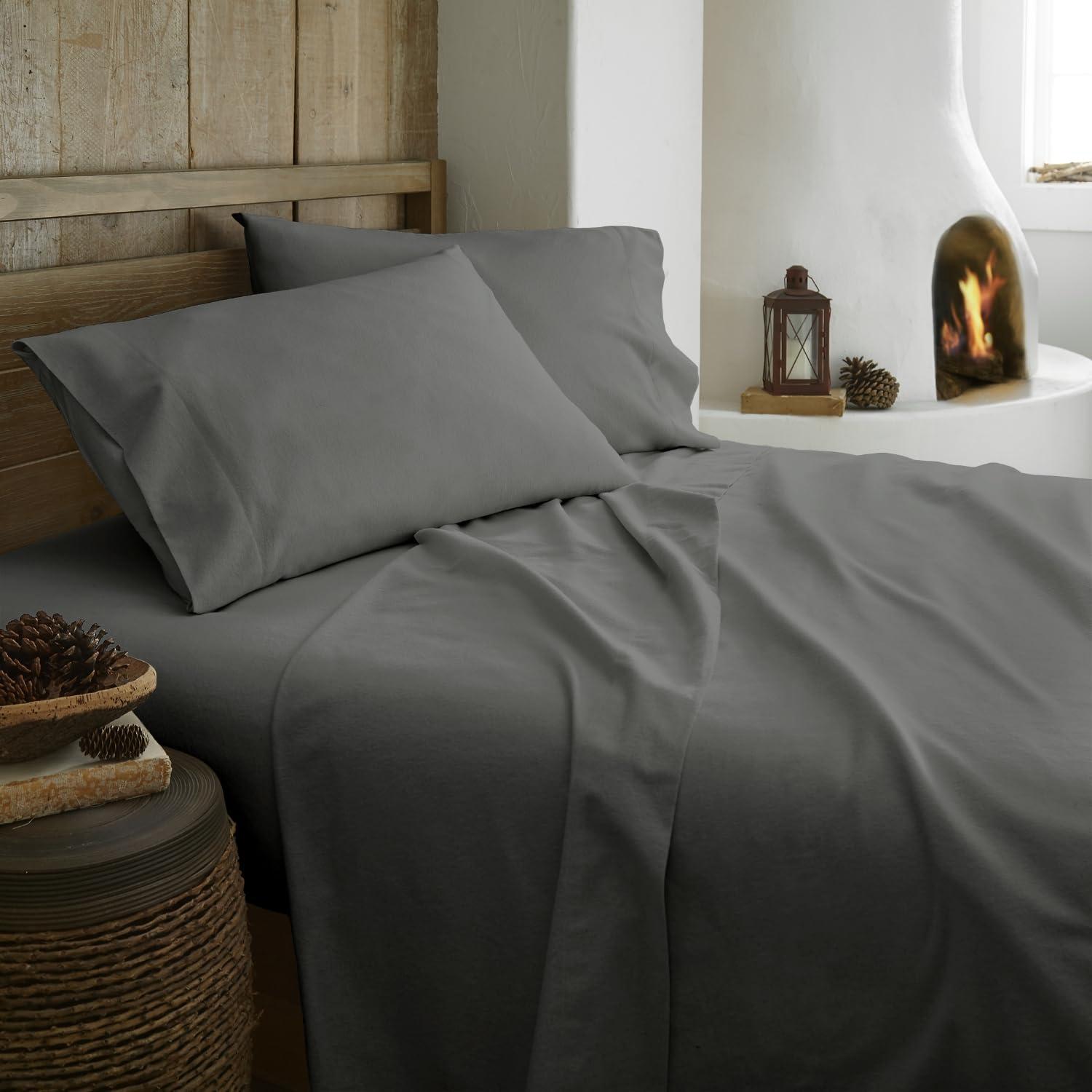 Whisper Organics 100% Organic Flannel Sheets King Size - GOTS Certified 100% Cotton Flannel Sheets Set with Comfortable Soft Brushed Finish & Deep Pocket - 1 Flat 1 Fitted & 2 Pillowcases (Dark Gray, King)