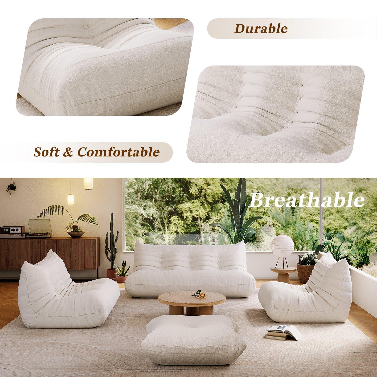 HomeLoft Basics Comfy Lazy Floor Sofa Couch,Teddy Velvet Sofa,Fireside Modern Floor Couch for Adults,3-Seater Lounge Foam Filled Chair with Chaise,Lazy Sofa for Living Room Bedroom Office,White