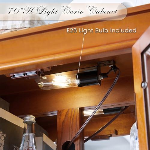 CKEASEAN CKEASEAN Curio Cabinet 71" Lighted Glass Display Cabinet, Wooden China Cabinet with 6 Adjustable Shelves, Tempered Glass Doors, Light Bulb Included, Rack for Living Room (Dark Oak)