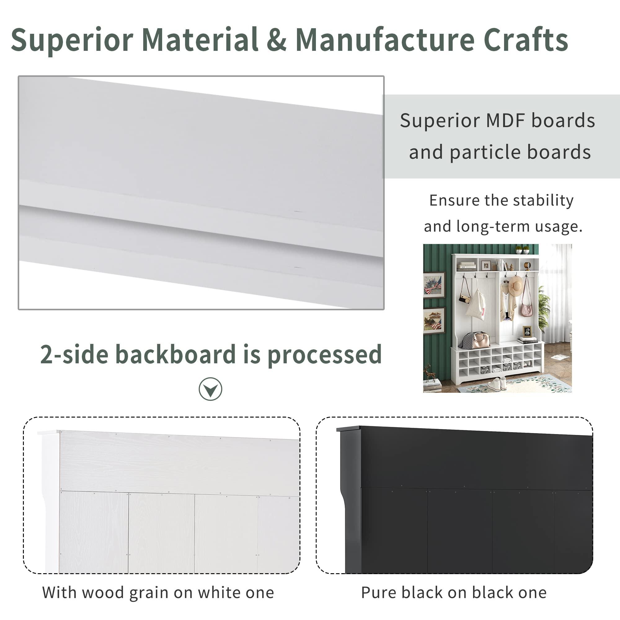 Merax Merax Hall Tree, Modern Style Multiple Functions Hallway Coat Rack with Metal Black Hooks, Entryway Bench 60" Wide Hall Tree with Ample Storage Space and 24 Shoe Cubbies (White, 60")