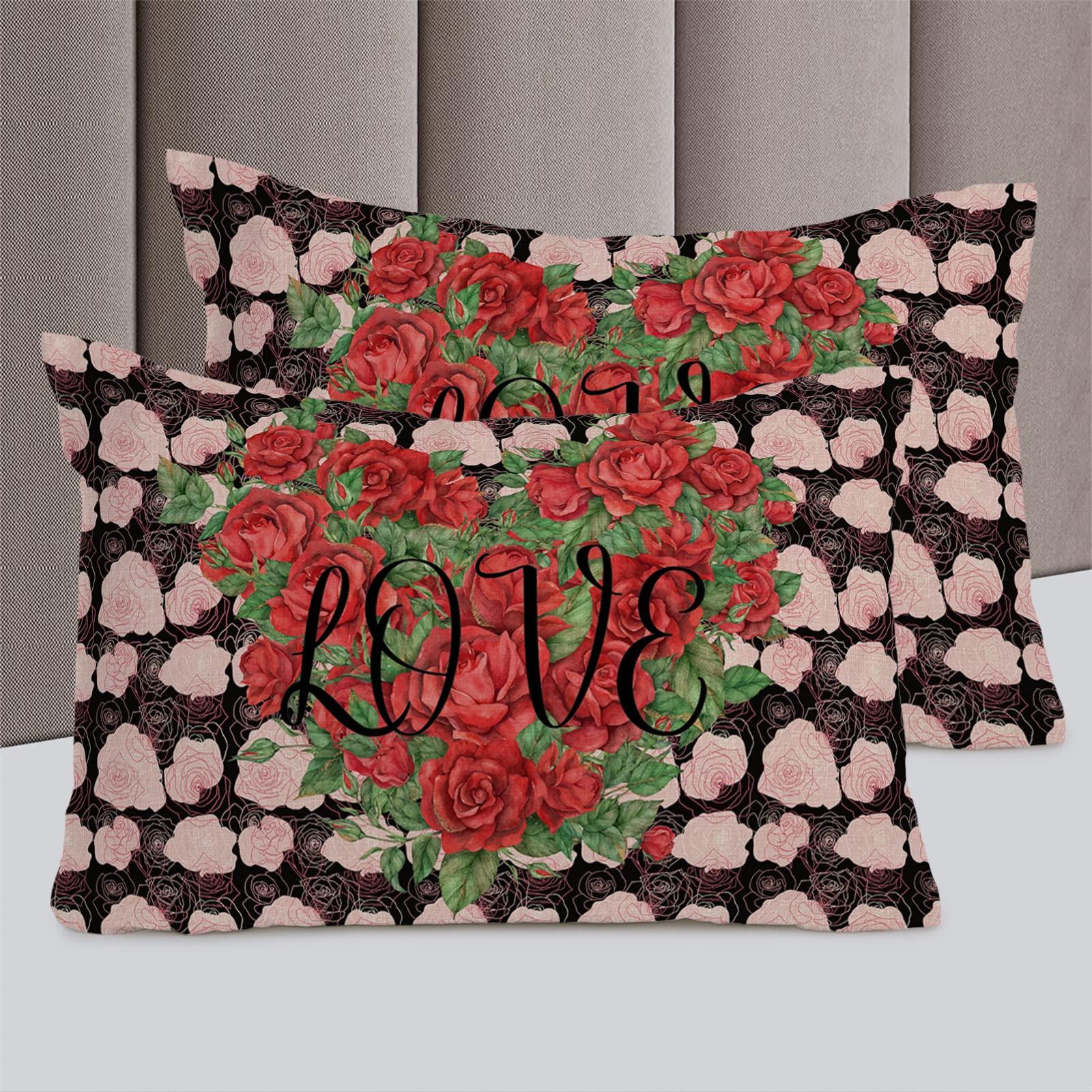 Debedcor Cal. King Comforter Covers Sets Valentine\'s Day 4 Piece Duvet Cover Set Lightweight Microfiber Soft Bedding Set for Adult Teen, Red Rose Flowers Love Heart Black