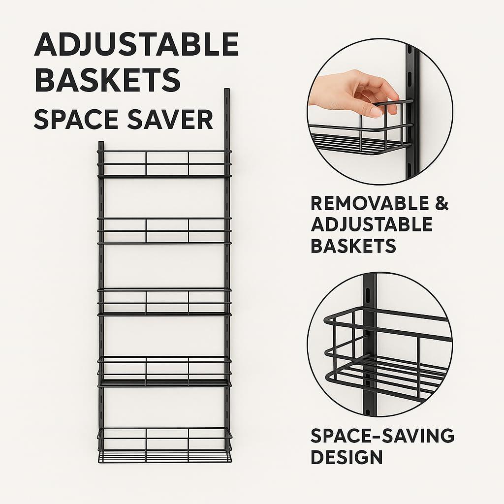 USTECH USTECH 6-Tier Heavy Duty Over The Door Pantry Organizer, Metal Hanging Storage Rack with Wired Tubing, Adjustable Shelves for Kitchen, Bathroom, Closet, Space-Saving Design, Black