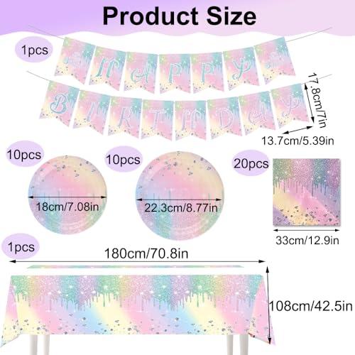 IPEWOEF Gradient Diamond Birthday Party Supplies Macaron Glitter Holographic Disposable Tableware Iridescent Party Decorations Paper Plates Napkins Banner Tablecloth for Girl Kid Baby Shower Wedding 10 Guests