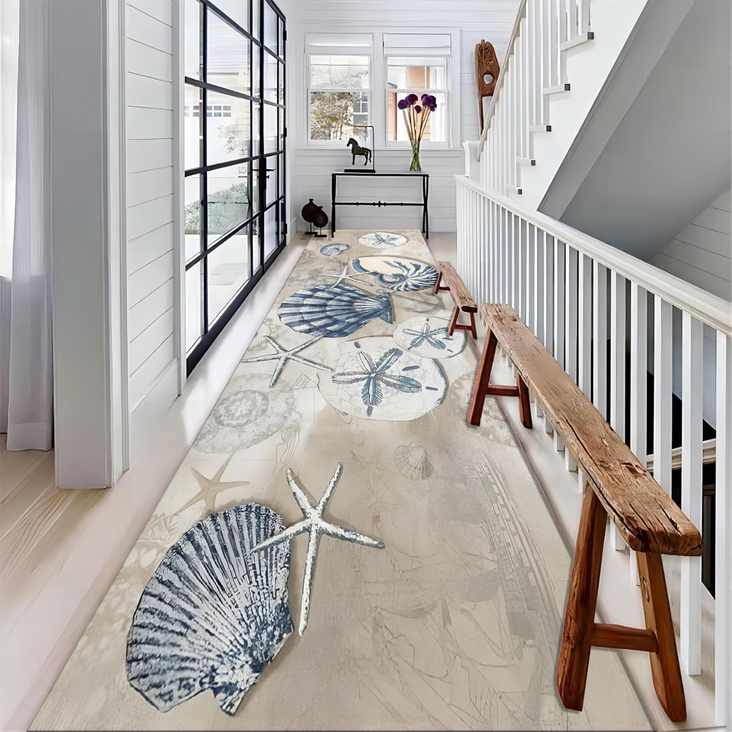 SMXVRC SMXVRC Nautical Ocean Theme Runner for Entryway, 2x8ft, Summer Beach Hallway Runner Rug, Coastal Shell Anti-Slip Area Rug, Foldable Washable Entry Carpet for Family Bedside Entrance