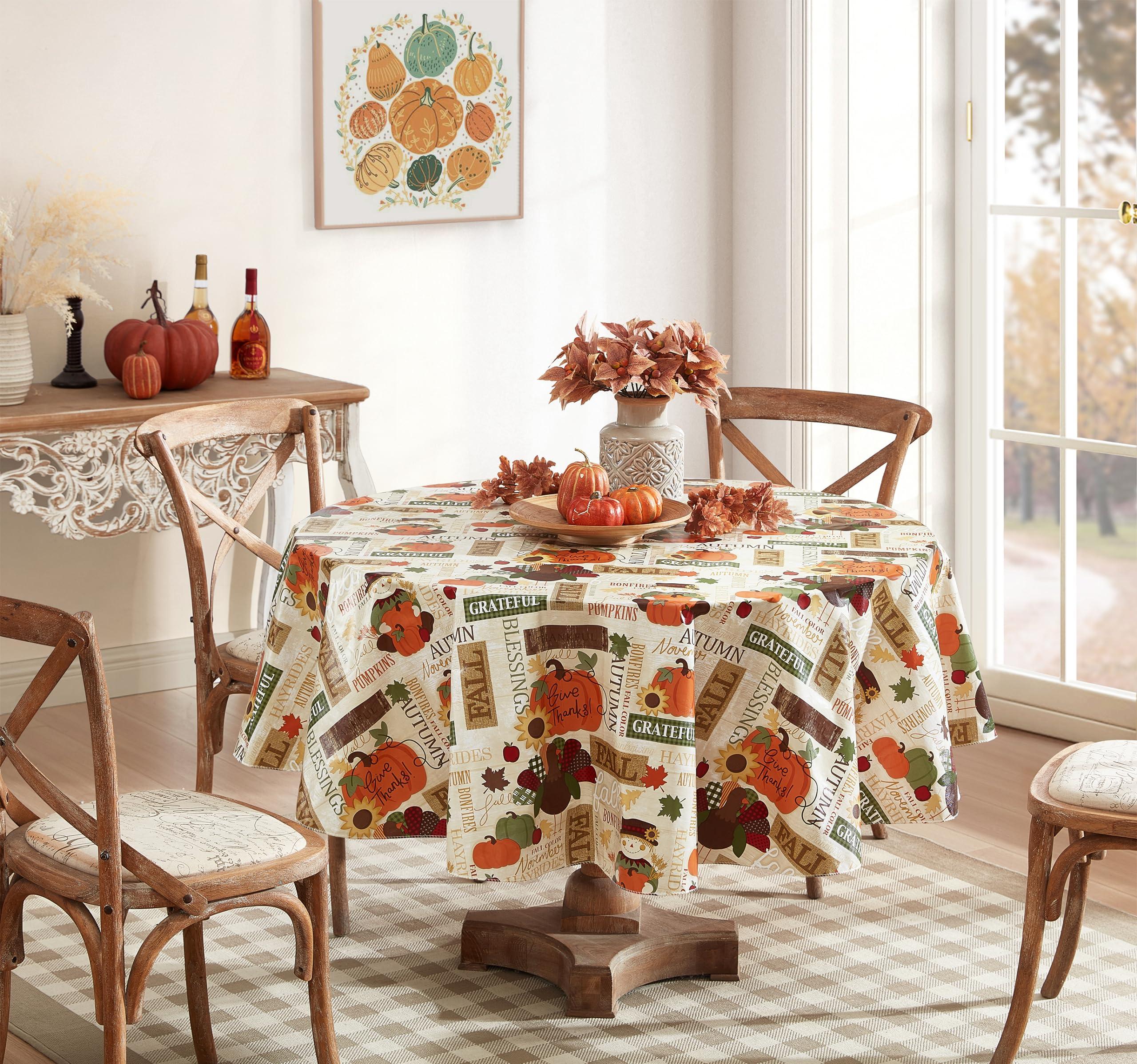 Newbridge Newbridge Fall Hayride and Happy Scarecrow Thanksgiving Vinyl Flannel Backed Tablecloth, Gingham Turkeys and Pumpkin Rustic Autumn Vinyl Tablecloth with Flannel Backing, 70 Round