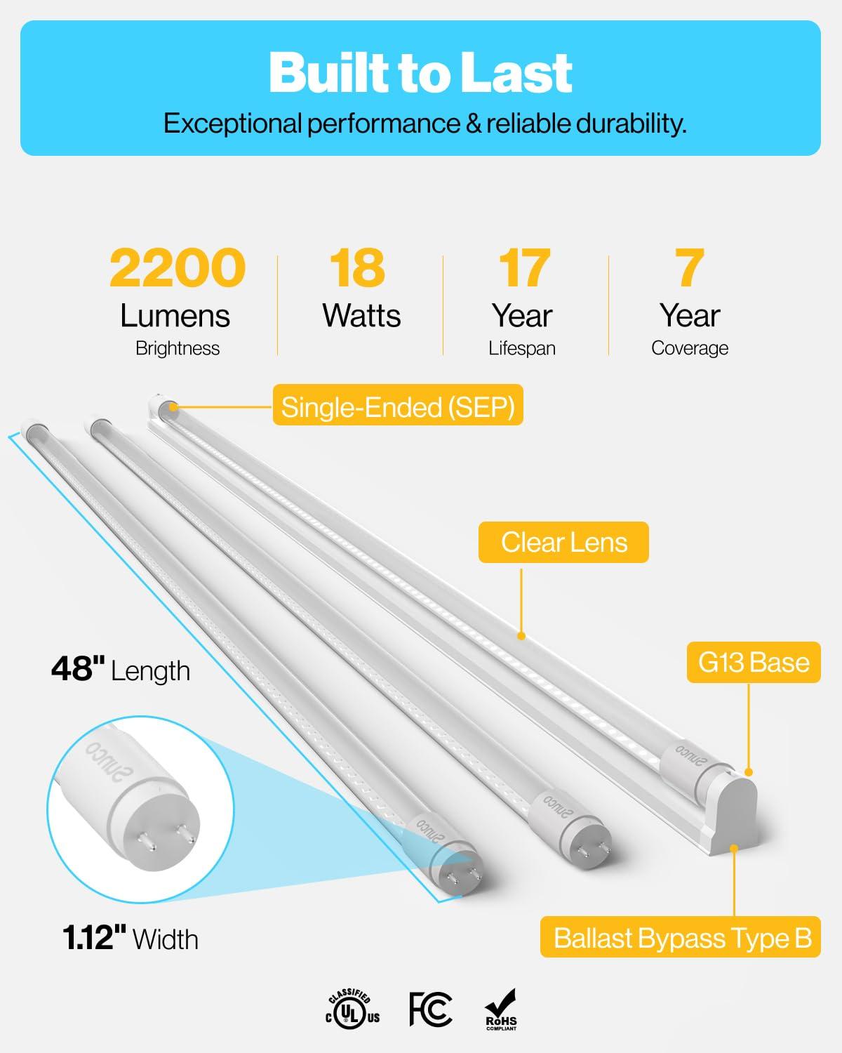 Sunco Lighting Sunco 50 Pack T8 LED Tubes 4FT Fluorescent Replacement, 48 Inch, 18W, 2200LM, 5000K Daylight, Single Ended Power, Clear Lens UL
