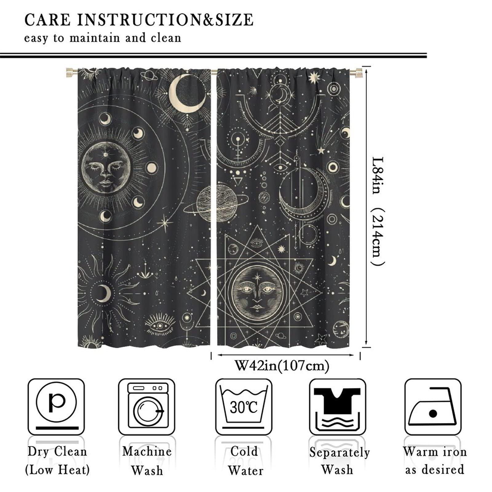 gaoyaqing Sun and Moon Star Curtains, Bohemian Chic Art Gold Sun Moon and Stars in Black Sky Antique Style 2 Panel Bedroom Blackout Curtains Decorate The Room 84x84in