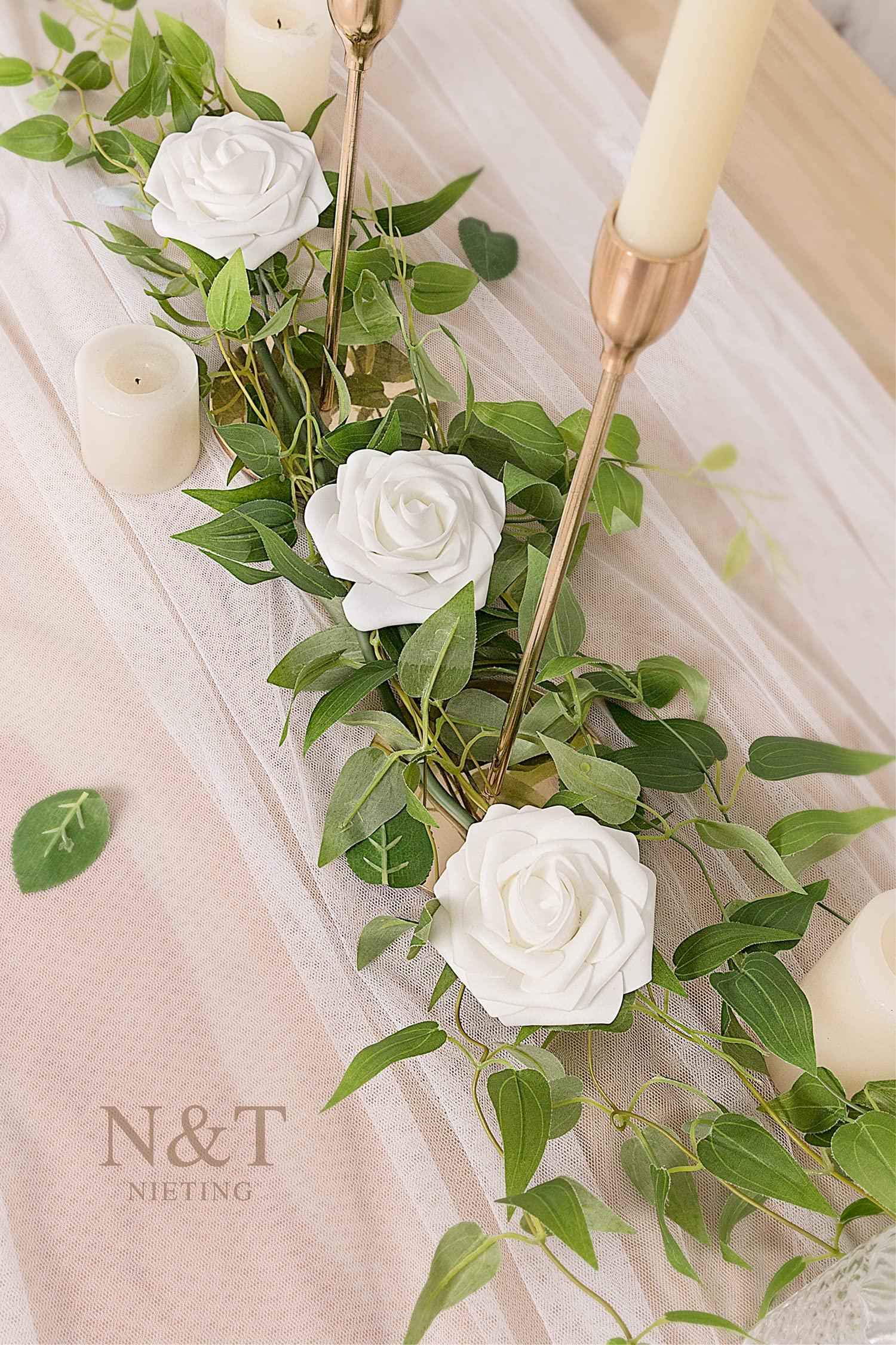 N&T NIETING N&T NIETING Rose Artificial Flowers 25pcs Fake Flowers Rose Perfect and 50pcs Foam Roses White