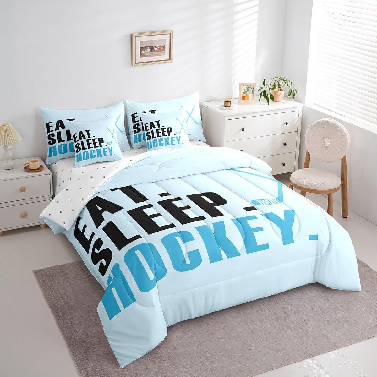 Feelyou Feelyou Ice Hockey Comforter Set with Sheets Queen Size Light Blue Ice Sports Games 7 Pieces Bedding Set for Kids Boys Girls Teens Hockey Player Bed in a Bag Puck Hockey Bed Set