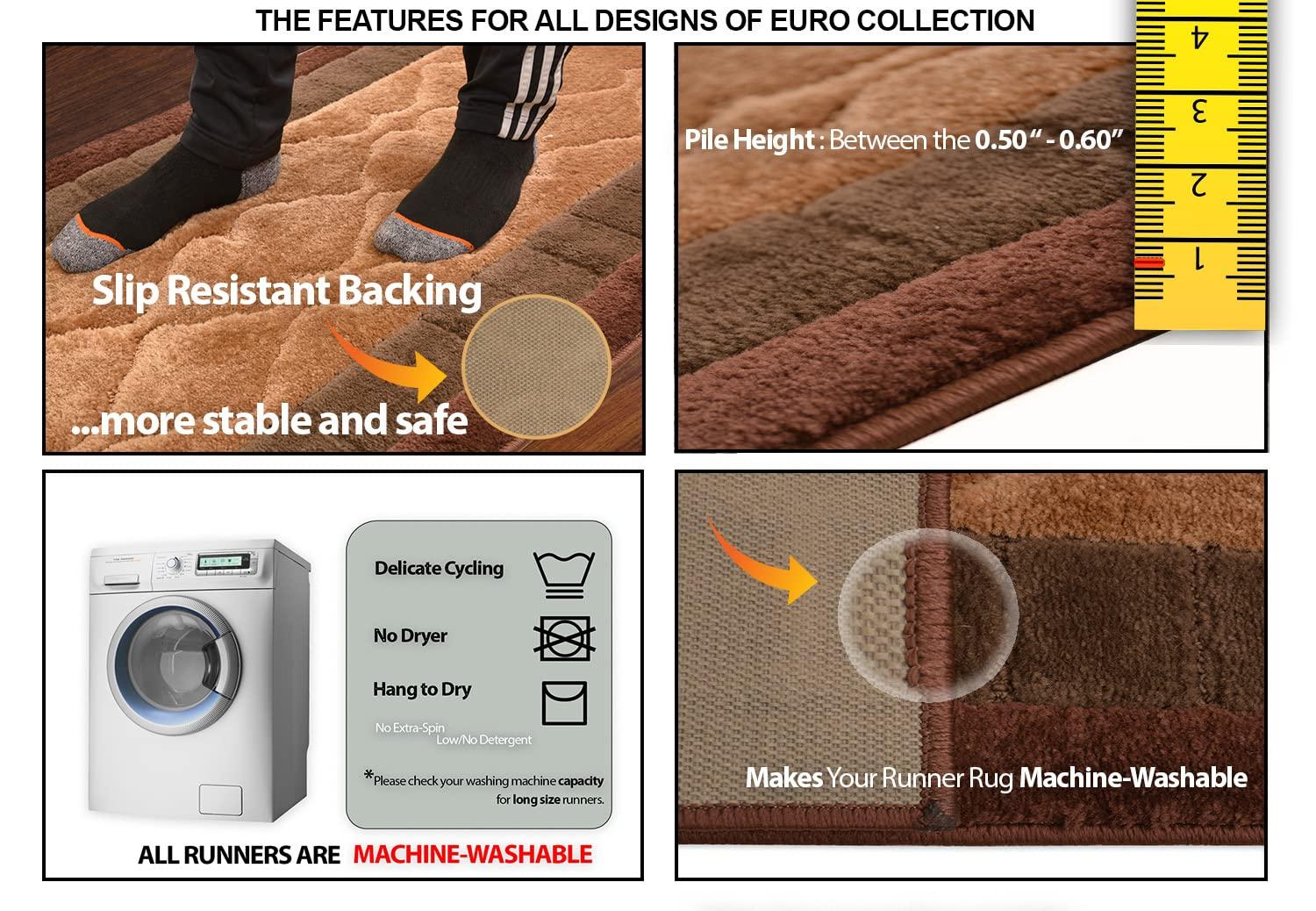 RugStylesOnline Washable Custom Size Runner Rug Squares Geometric Design Extra Long Runner Rugs for Hallways 26 Inch Wide x Pick Your Size by Feet Slip Skid Resistant Rubber Back (Square Brown, 24 ft x 26 in)