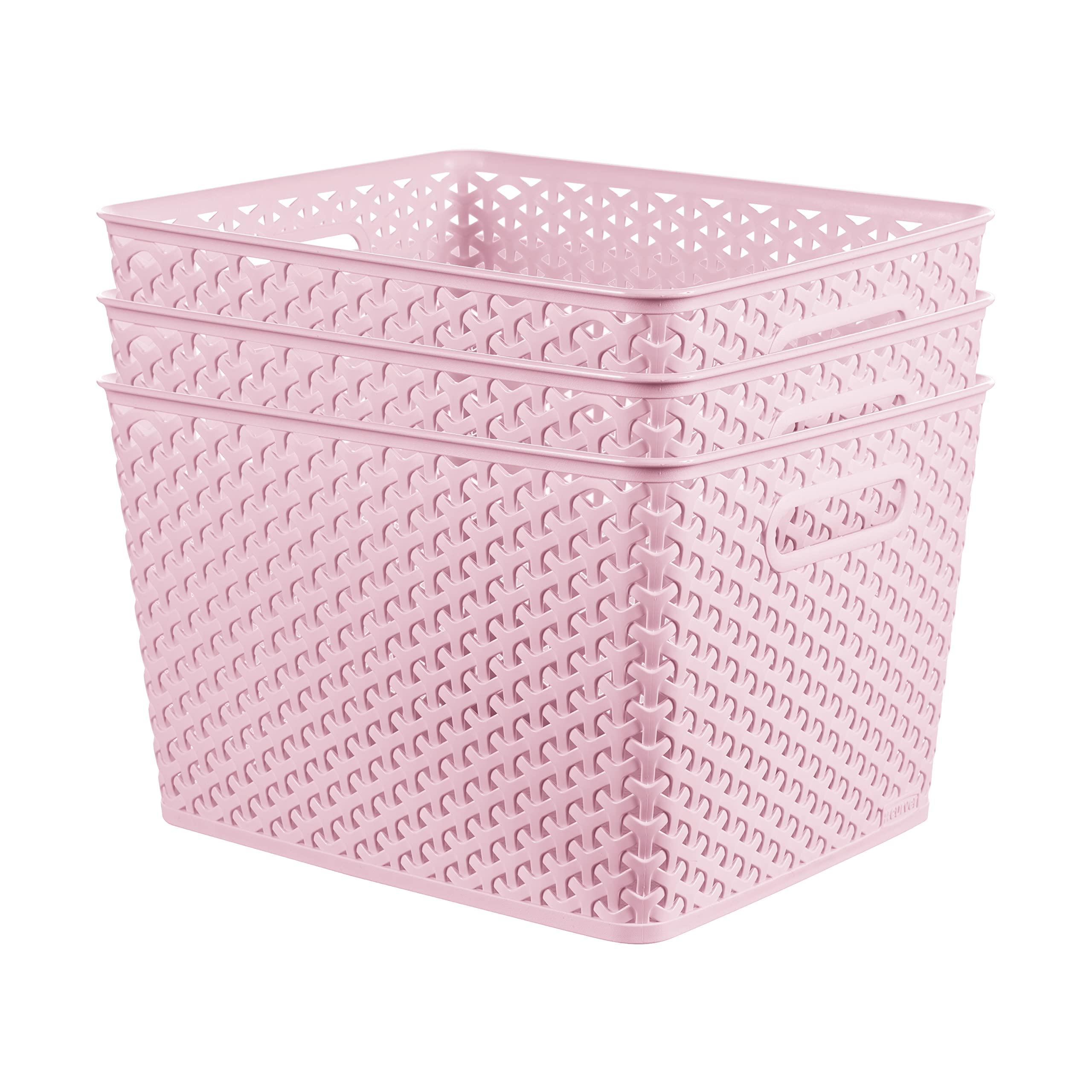 Curver Curver My Style Rattan Effect Set of 3 Kitchen, Living room, Bathroom, Bedroom, Utility Large Rectangular Storage Baskets 18 Litres - Pink